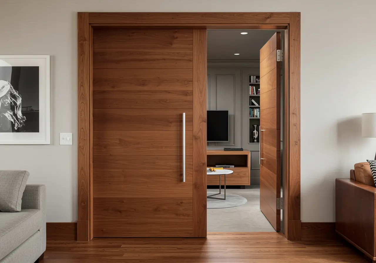 Luxury walnut pivot hidden door in a Tribeca loft opening to a concealed media room.