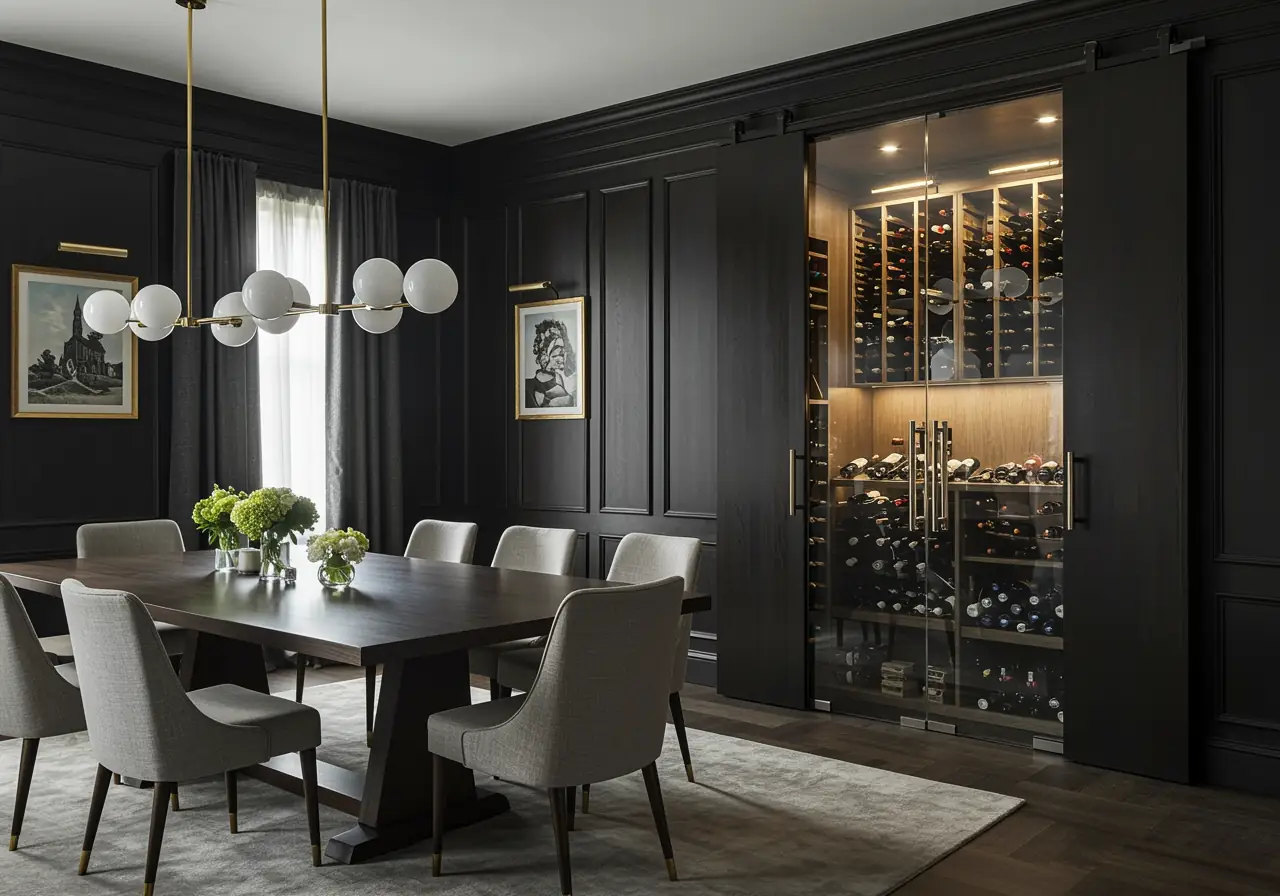 Luxury concealed wine cellar behind custom paneled hidden door in a Manhattan dining room.