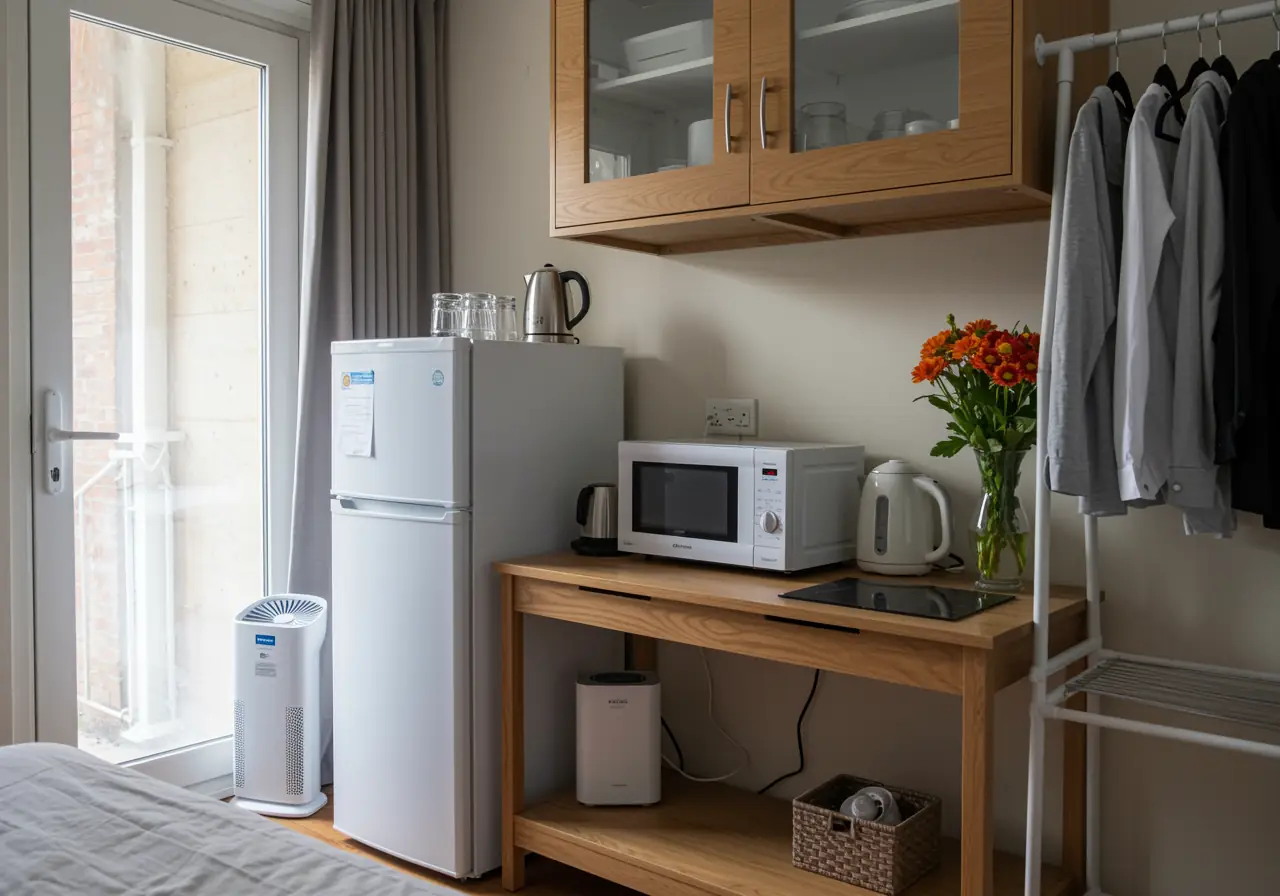 Temporary mini-kitchen and living zone inside a Manhattan apartment during renovation.