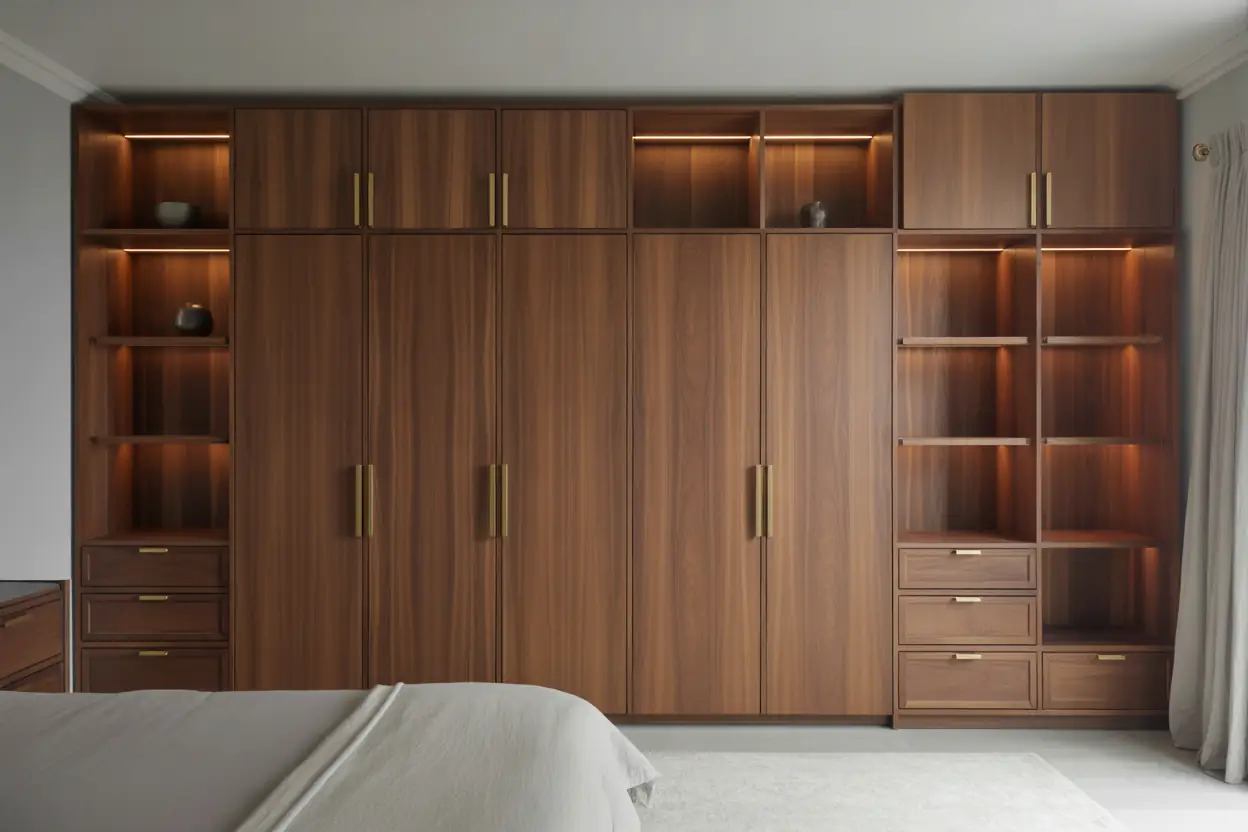 Floor-to-ceiling walnut millwork wardrobe with integrated LED lighting in a Manhattan luxury bedroom.