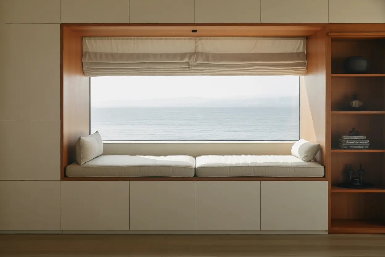 Built-in window seat with upholstered cushion and lift-top storage in a Manhattan renovation.