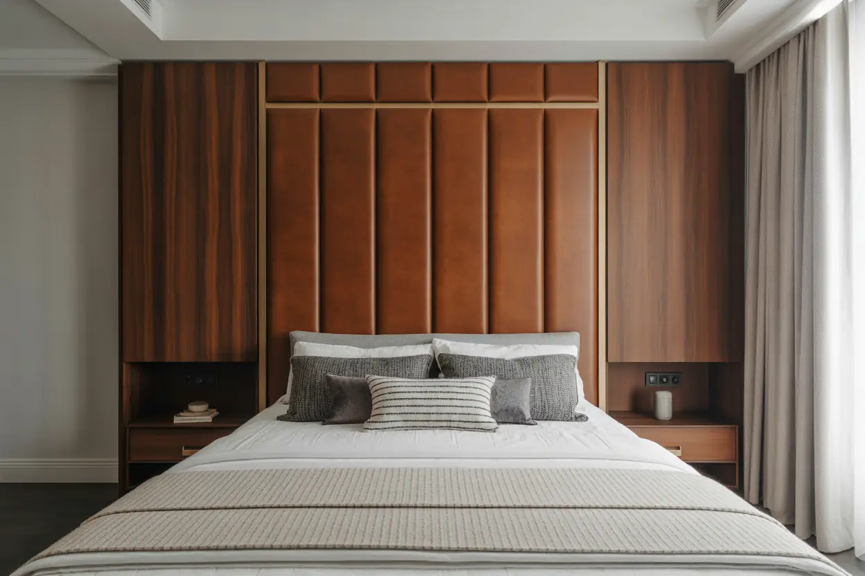 Custom headboard wall with integrated alcoves and leather paneling in a Manhattan bedroom.