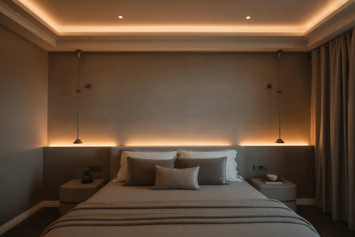 Luxury bedroom with recessed LED lights, linear headboard lighting, and crown-molding LED accents.