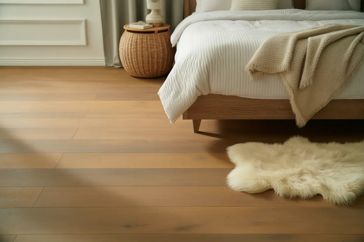 Matte European oak flooring with soft sheepskin rug in a high-end bedroom renovation.