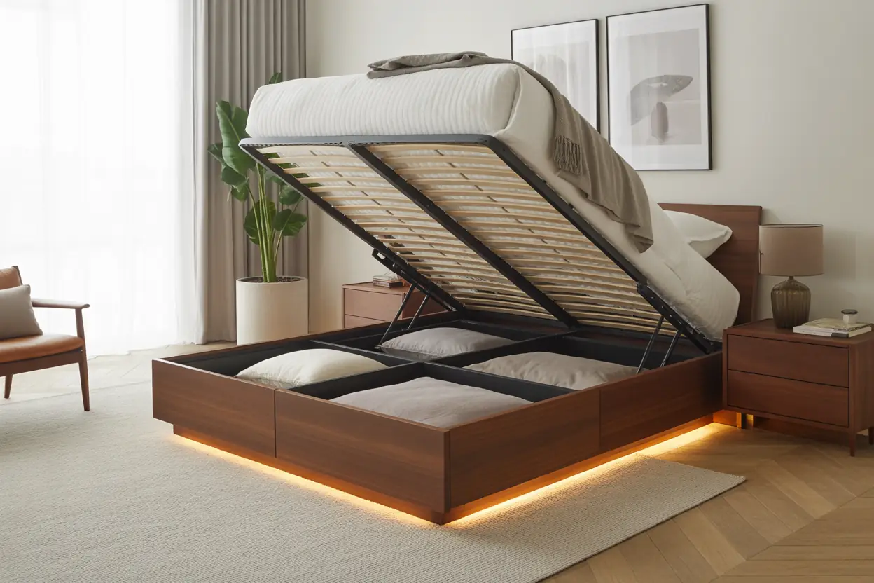 Platform bed with built-in drawers and lift-up storage in a Manhattan compact luxury bedroom.