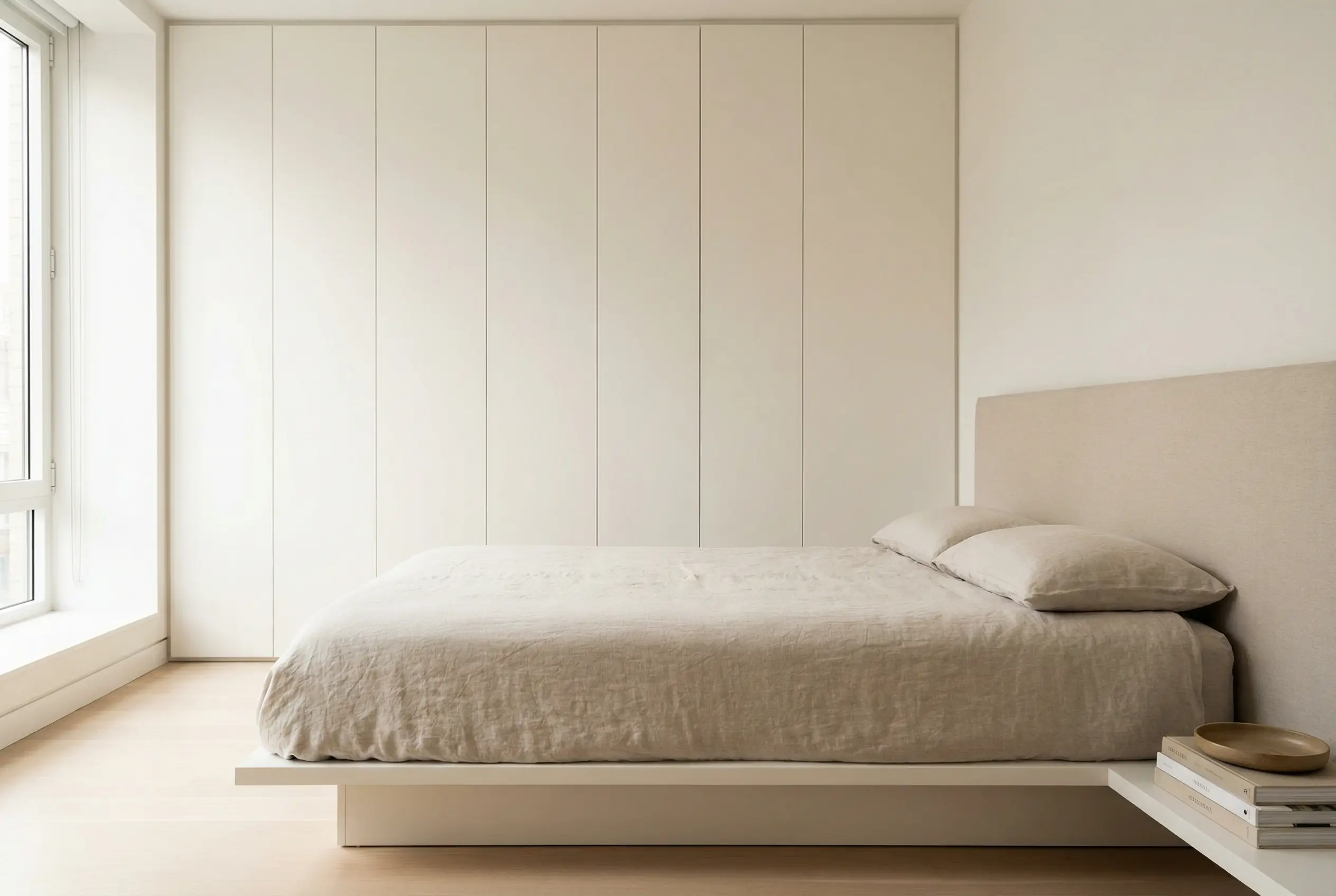 an ultra-realistic photo of a luxury Manhattan bedroom with floor-to-ceiling custom wardrobes and clean flush doors that hide clutter and make the room feel open.