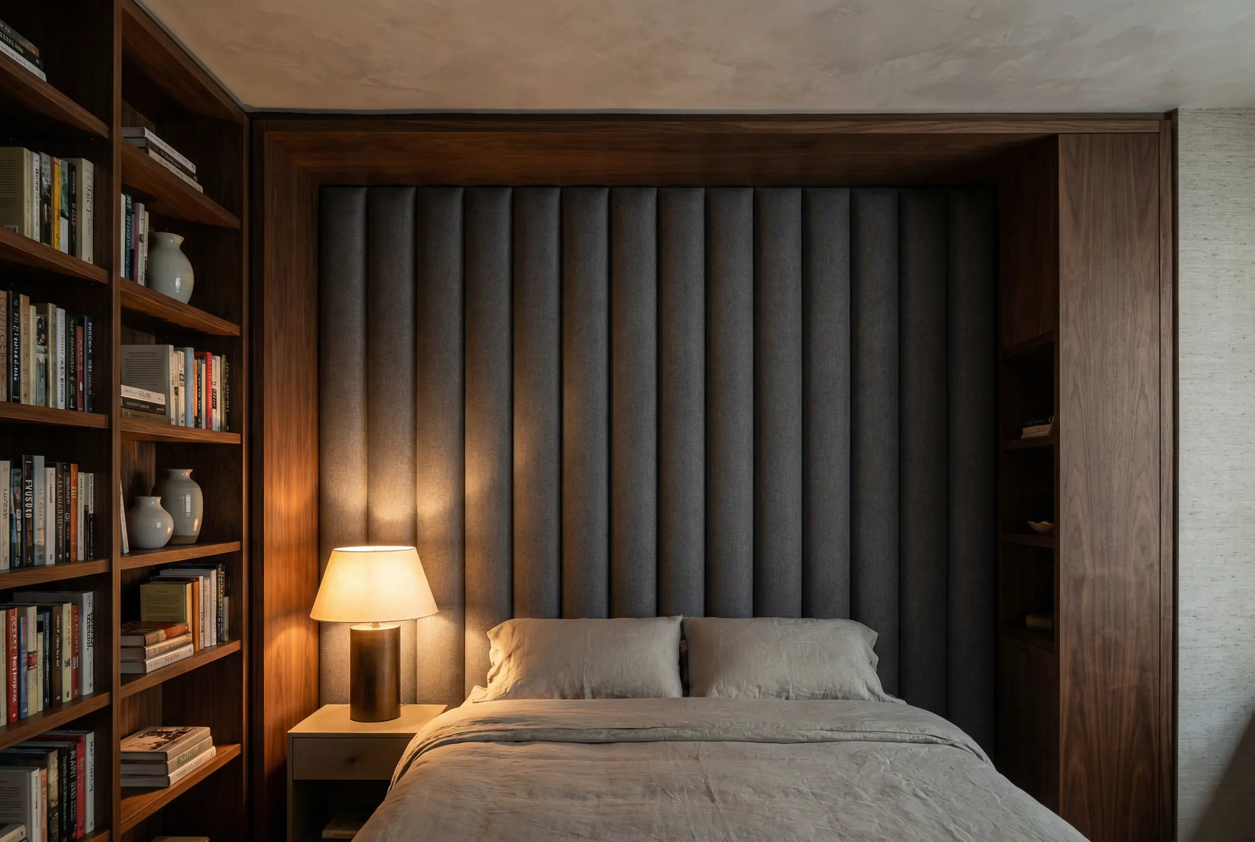 an ultra-realistic photo of an upholstered headboard wall with surrounding custom millwork and bookshelves that add softness and support better bedroom acoustics.
