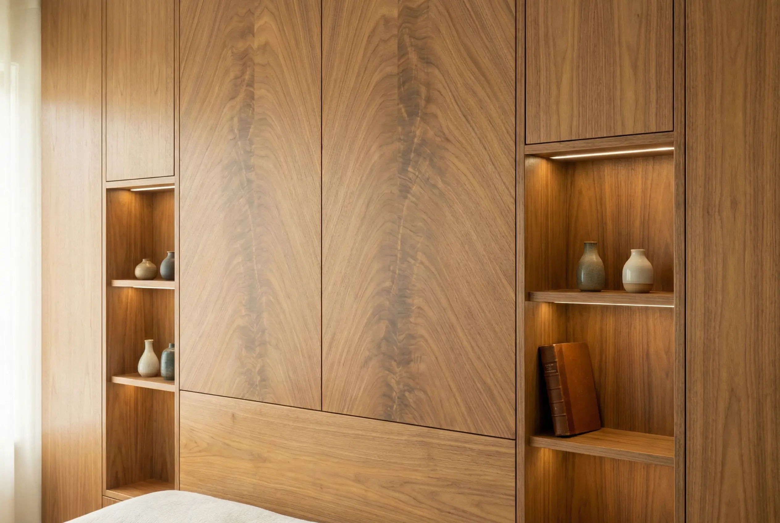 an ultra-realistic photo of a walnut custom millwork headboard wall with bookmatched veneer panels and a low-sheen finish for a serene luxury look.