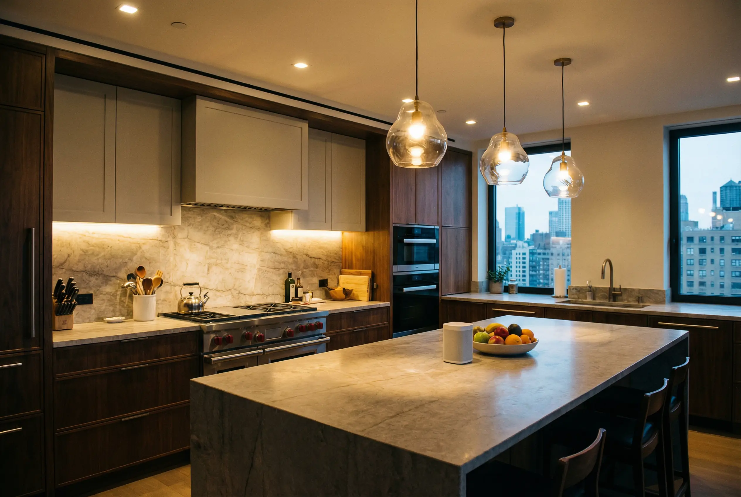 Manhattan kitchen with layered task lighting and a smart speaker on the counter for voice lighting control.