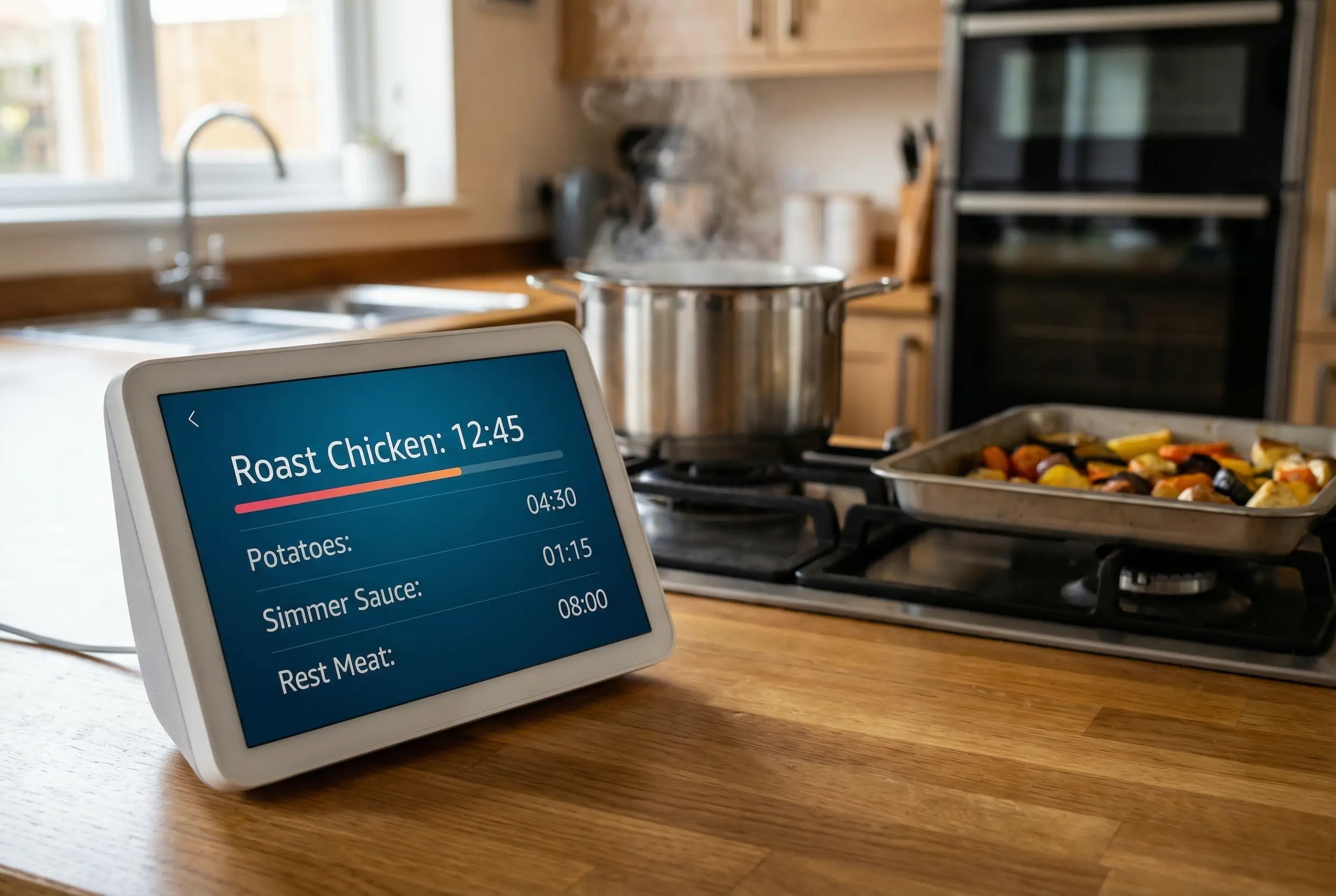 Smart display showing multiple cooking timers in a modern Manhattan kitchen with cookware in the background.