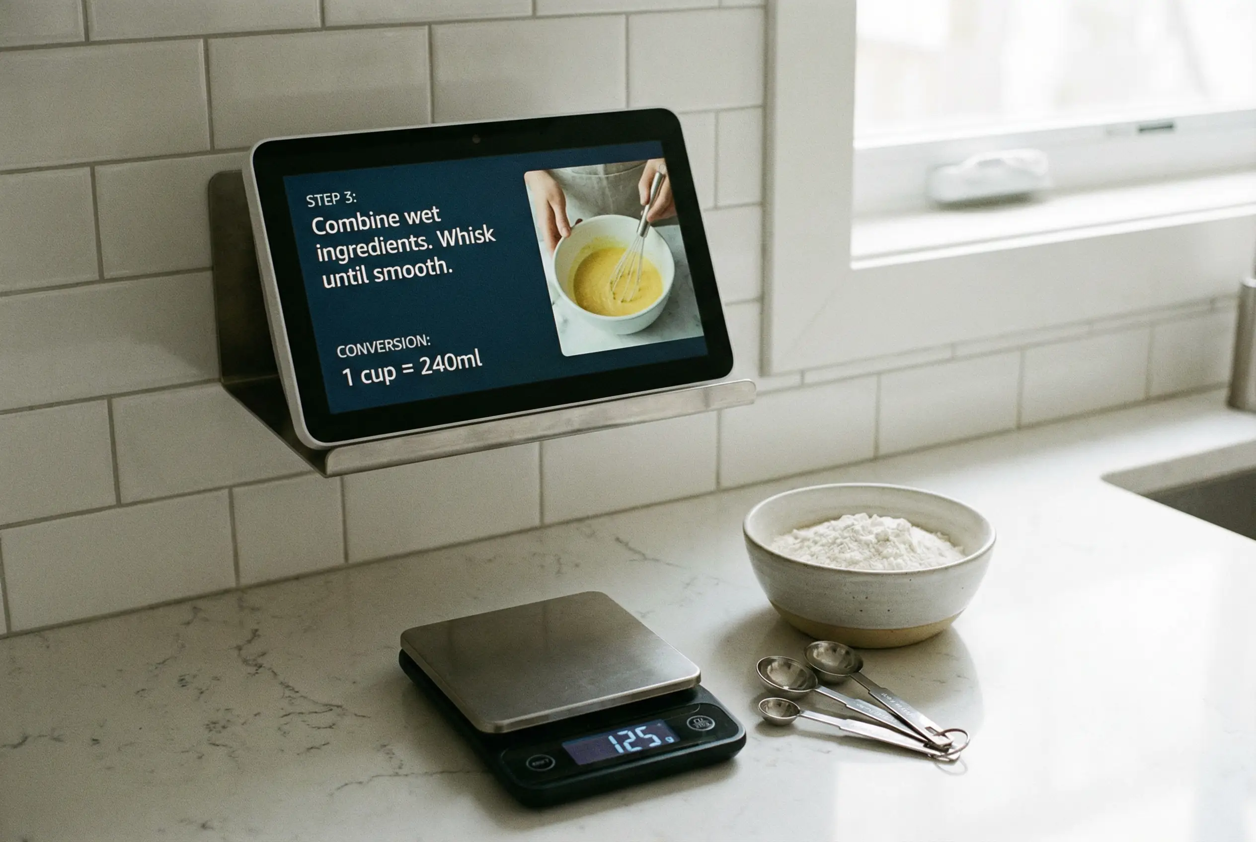 Smart display showing recipe steps and measurement conversion above a prep station in a Manhattan kitchen.