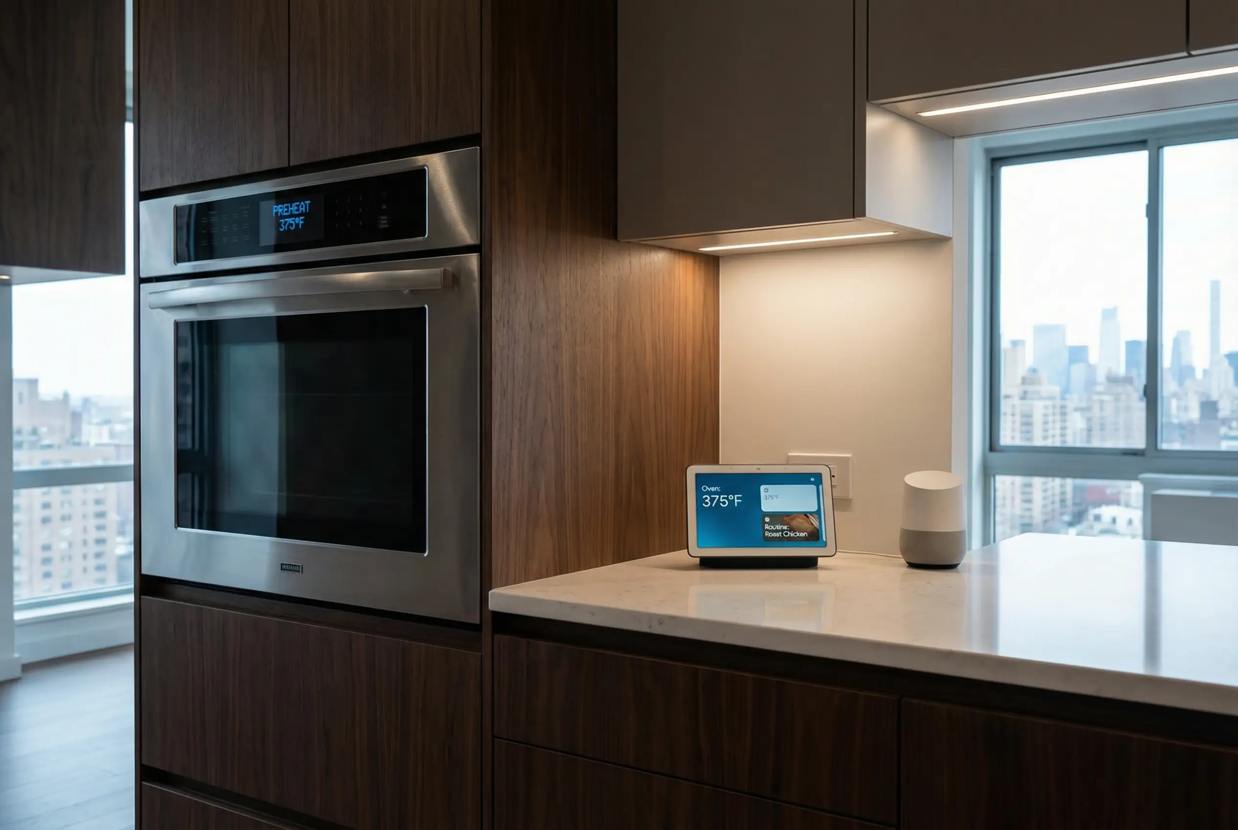 Built-in smart oven preheating with a smart display showing temperature control in a Manhattan kitchen.
