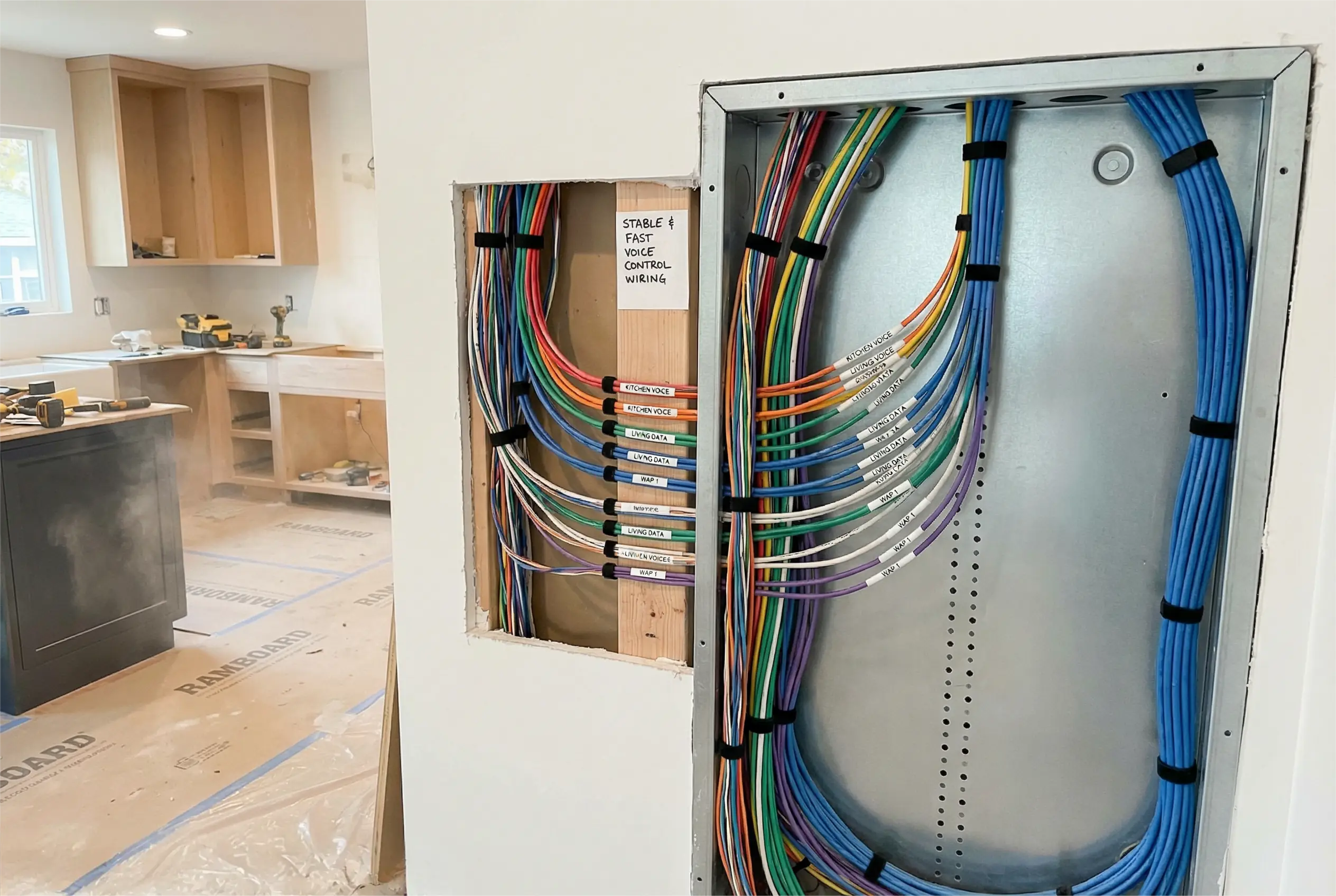 Network cabling and low-voltage wiring installed during a Manhattan kitchen renovation for smart home reliability.