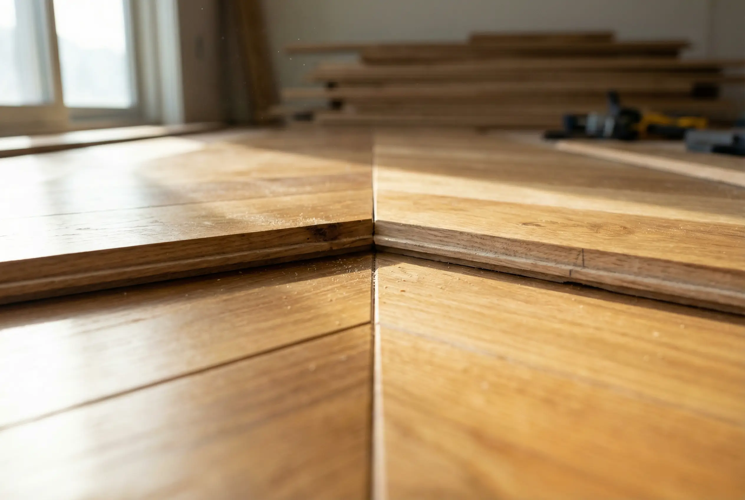 Close-up of chevron oak flooring installation showing precise 45-degree angle cuts and continuous V-pattern in Manhattan apartment renovation