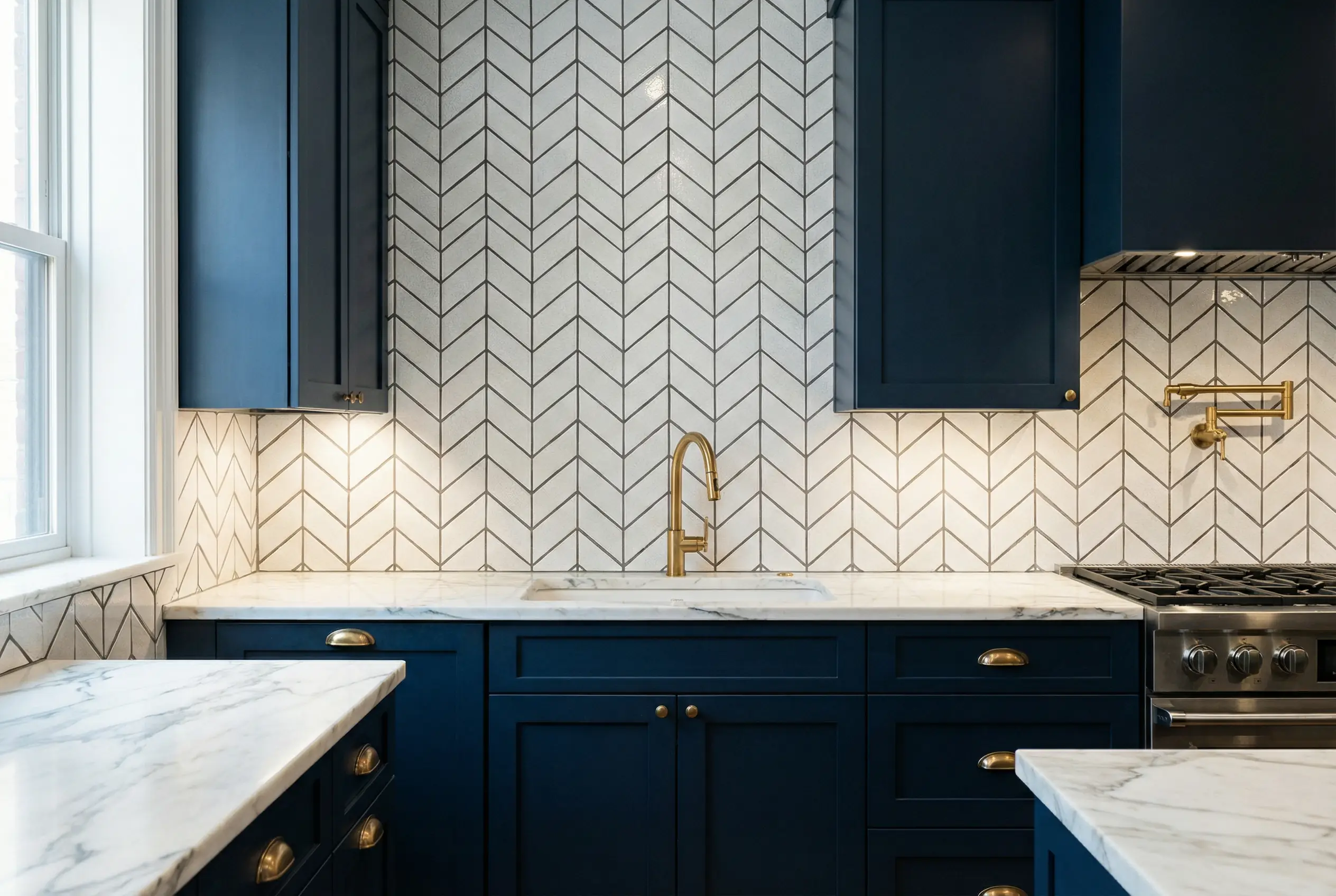 Manhattan kitchen with floor-to-ceiling white subway tile chevron backsplash, navy cabinets, brass fixtures, and Calacatta marble countertops