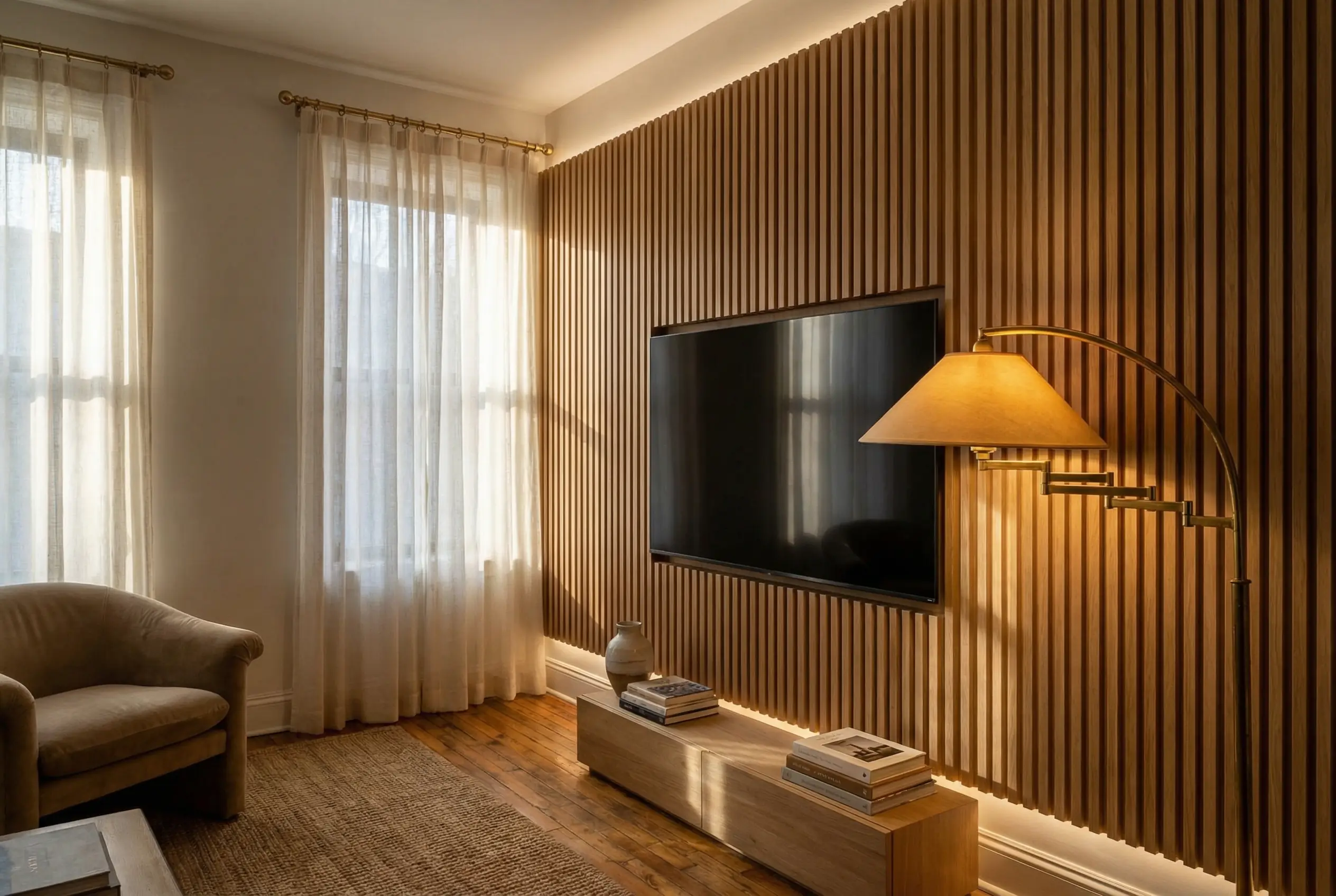 Living room fluted wall panels in white oak with integrated TV mount, LED accent lighting, and brass floor lamp in Manhattan apartment