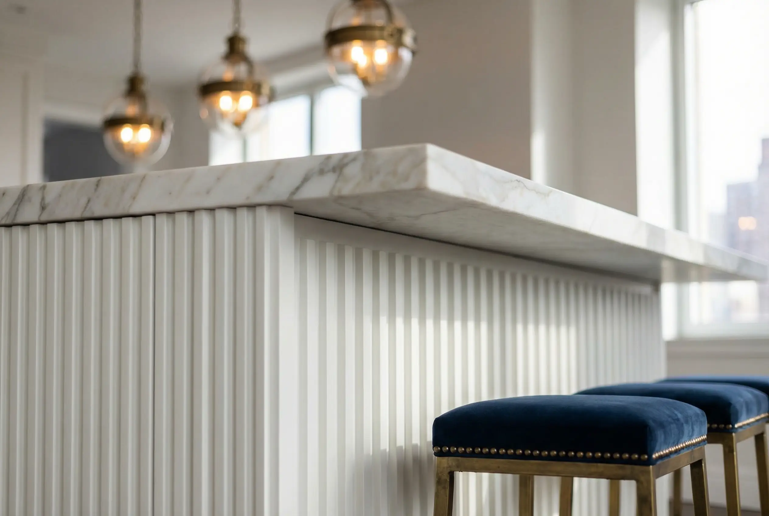 Manhattan kitchen island with fluted painted panel, Calacatta marble waterfall edge, brass pendant lights, and navy velvet counter stools