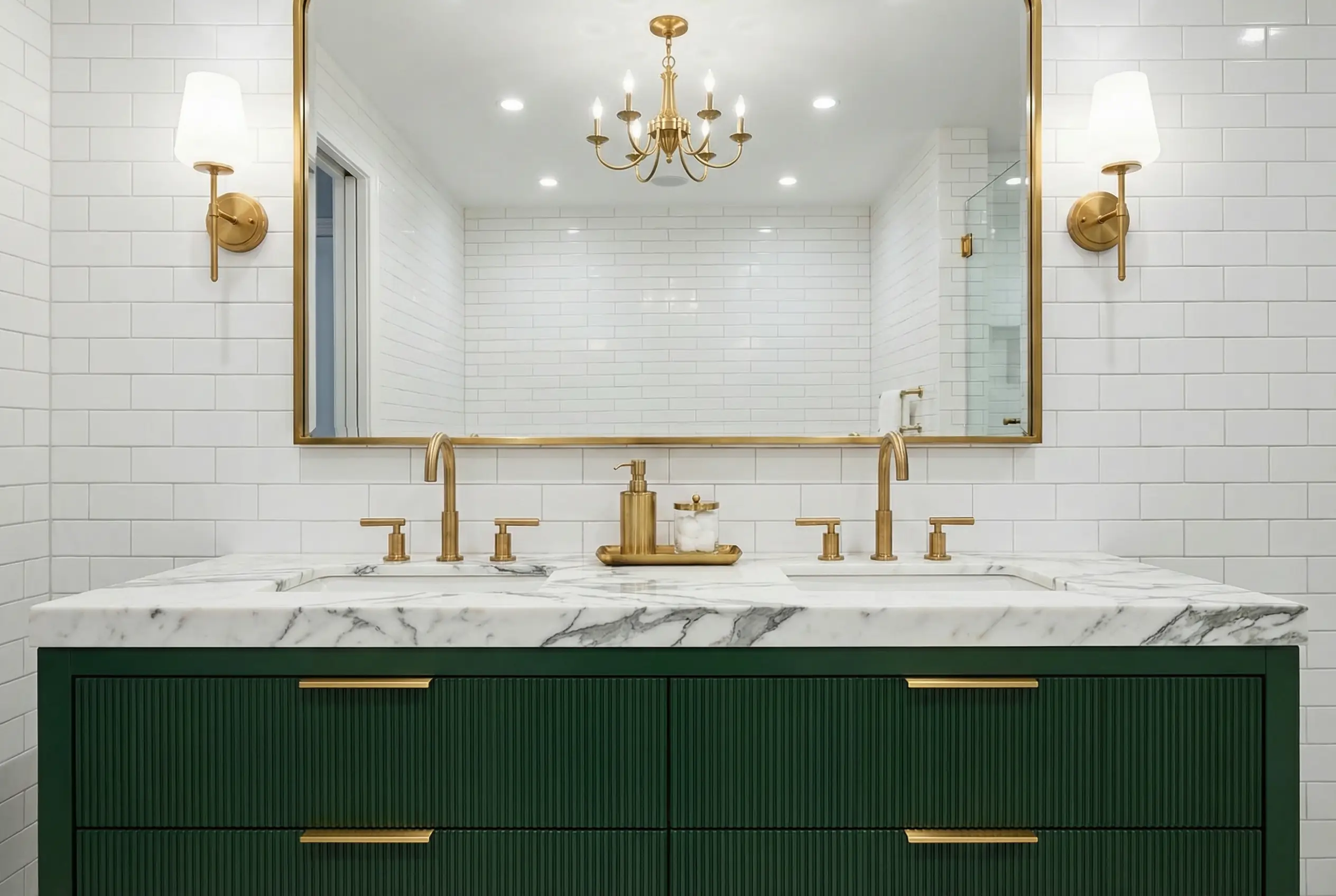 Art Deco bathroom vanity with forest green fluted cabinets, marble countertop, brass fixtures, mirror frame, and subway tile backsplash