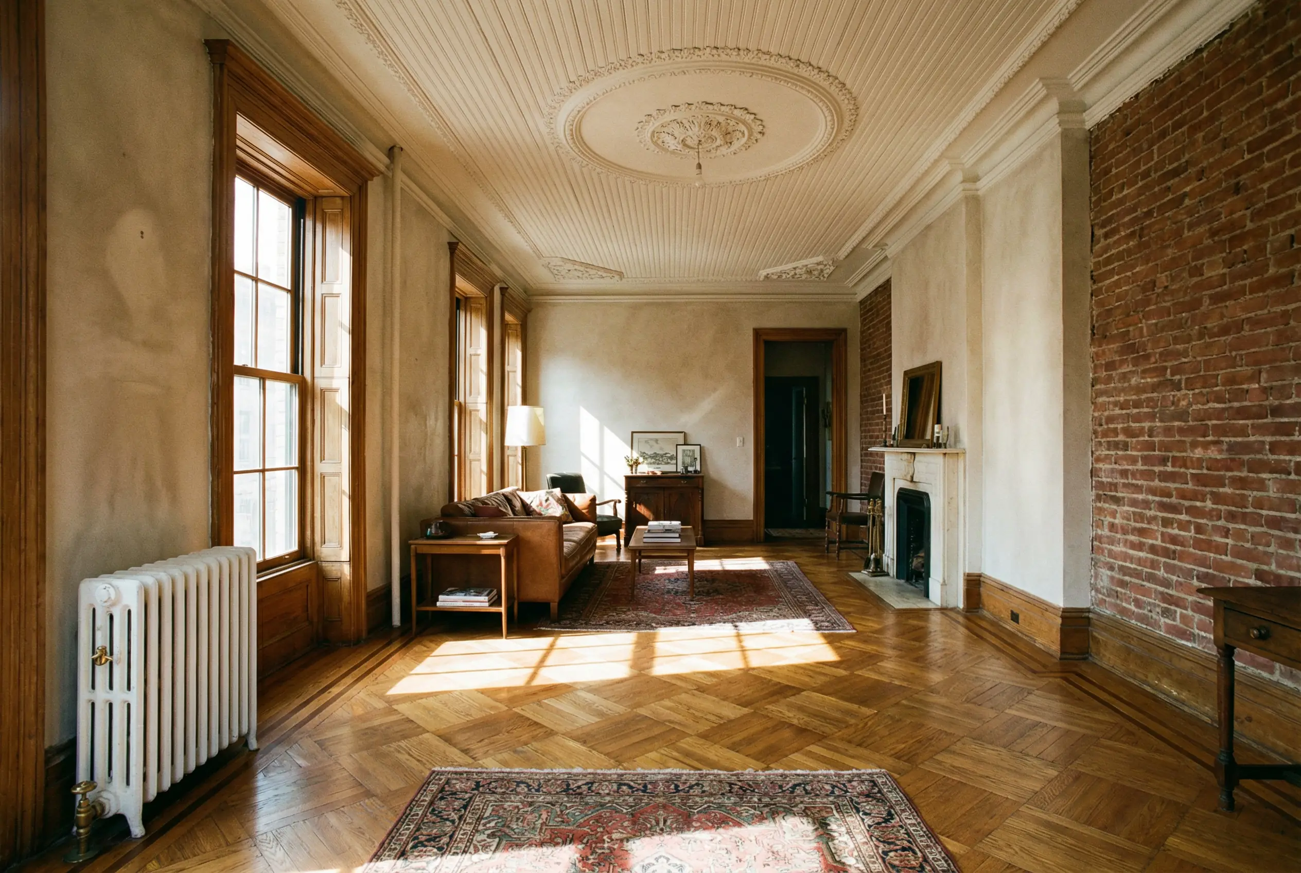 Pre-war Manhattan apartment living room with cast-iron radiator, ornate crown molding, herringbone hardwood floors, and tall windows showing historic building features