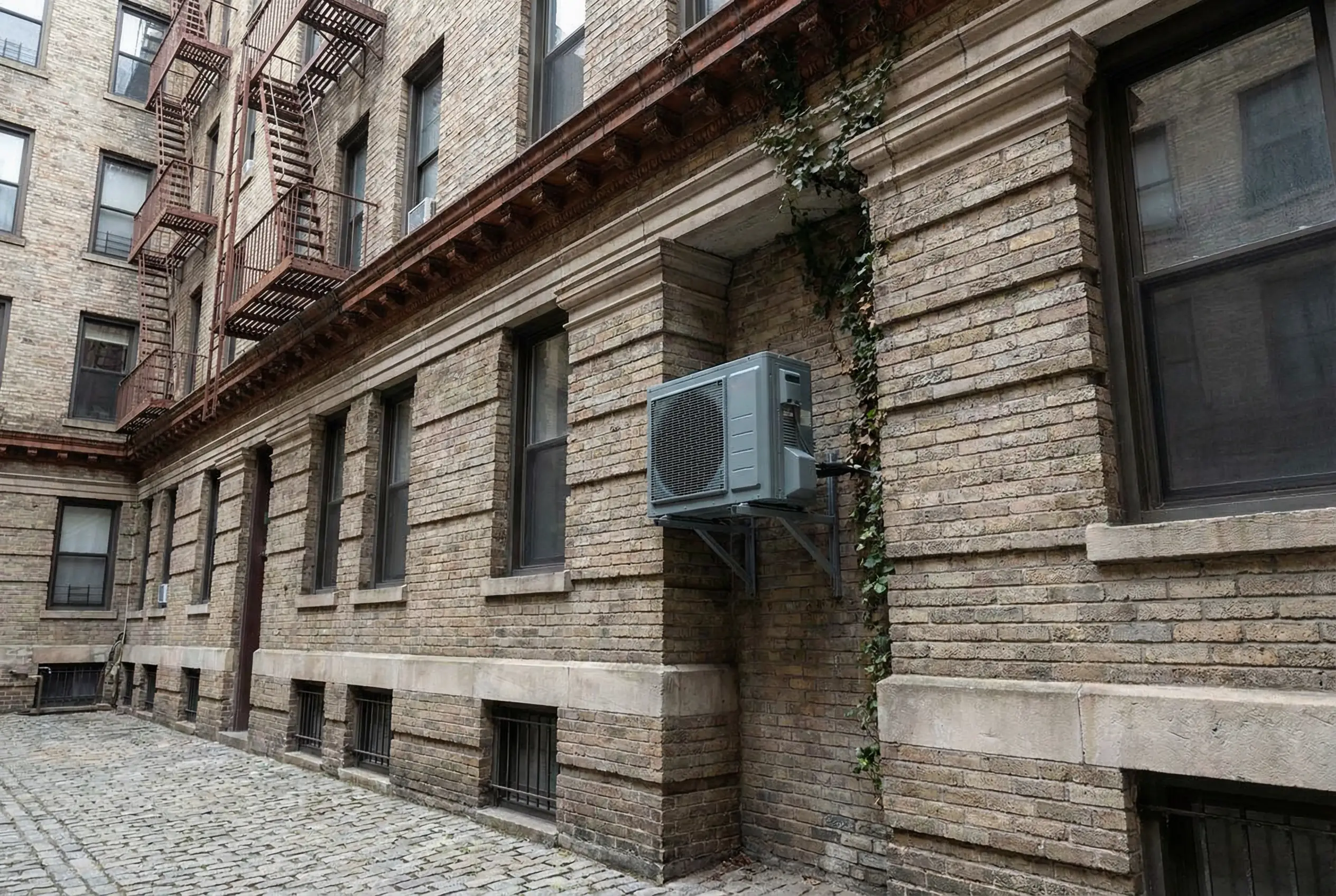 Pre-war Manhattan building exterior showing discreet outdoor HVAC compressor installation compliant with landmark preservation guidelines