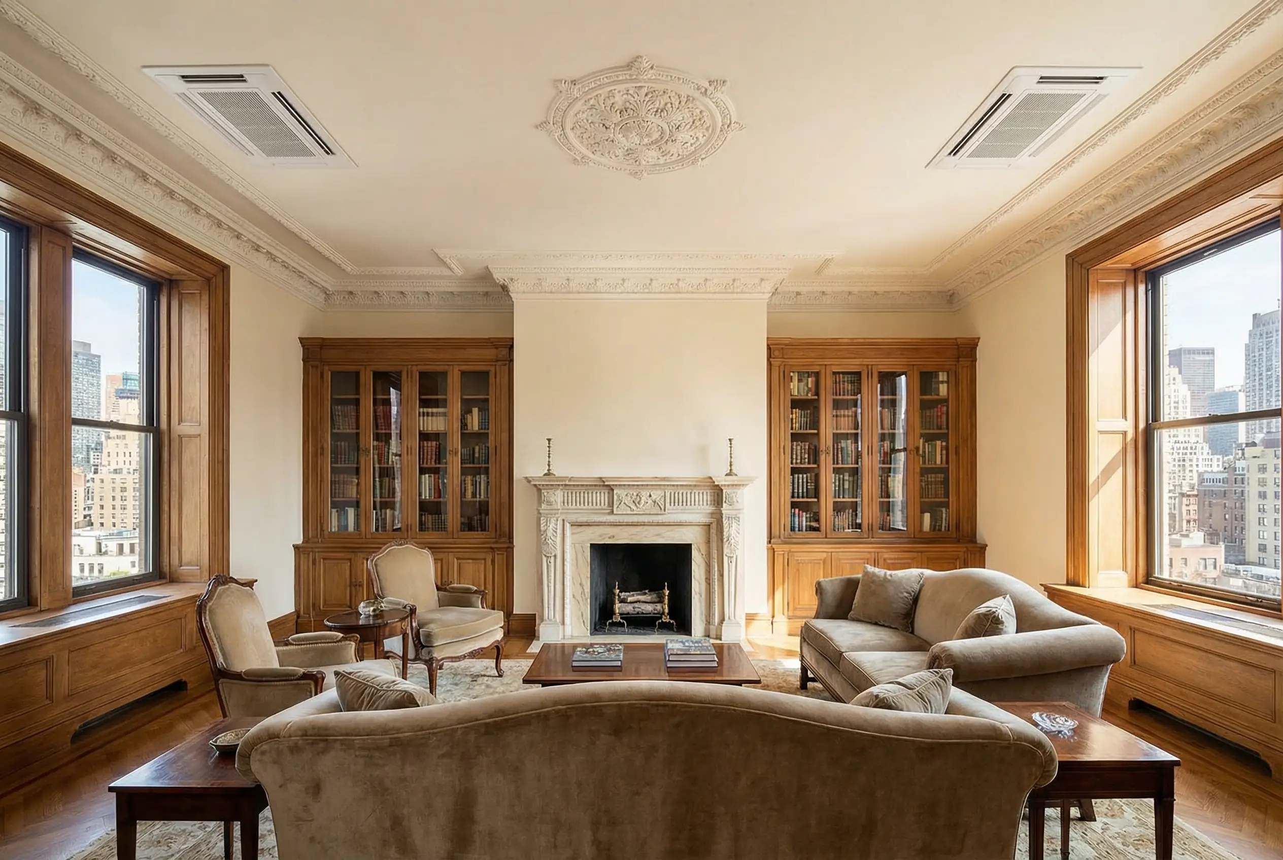 Large pre-war Manhattan apartment with ceiling-recessed VRF system cassette units providing invisible climate control in historic luxury residence