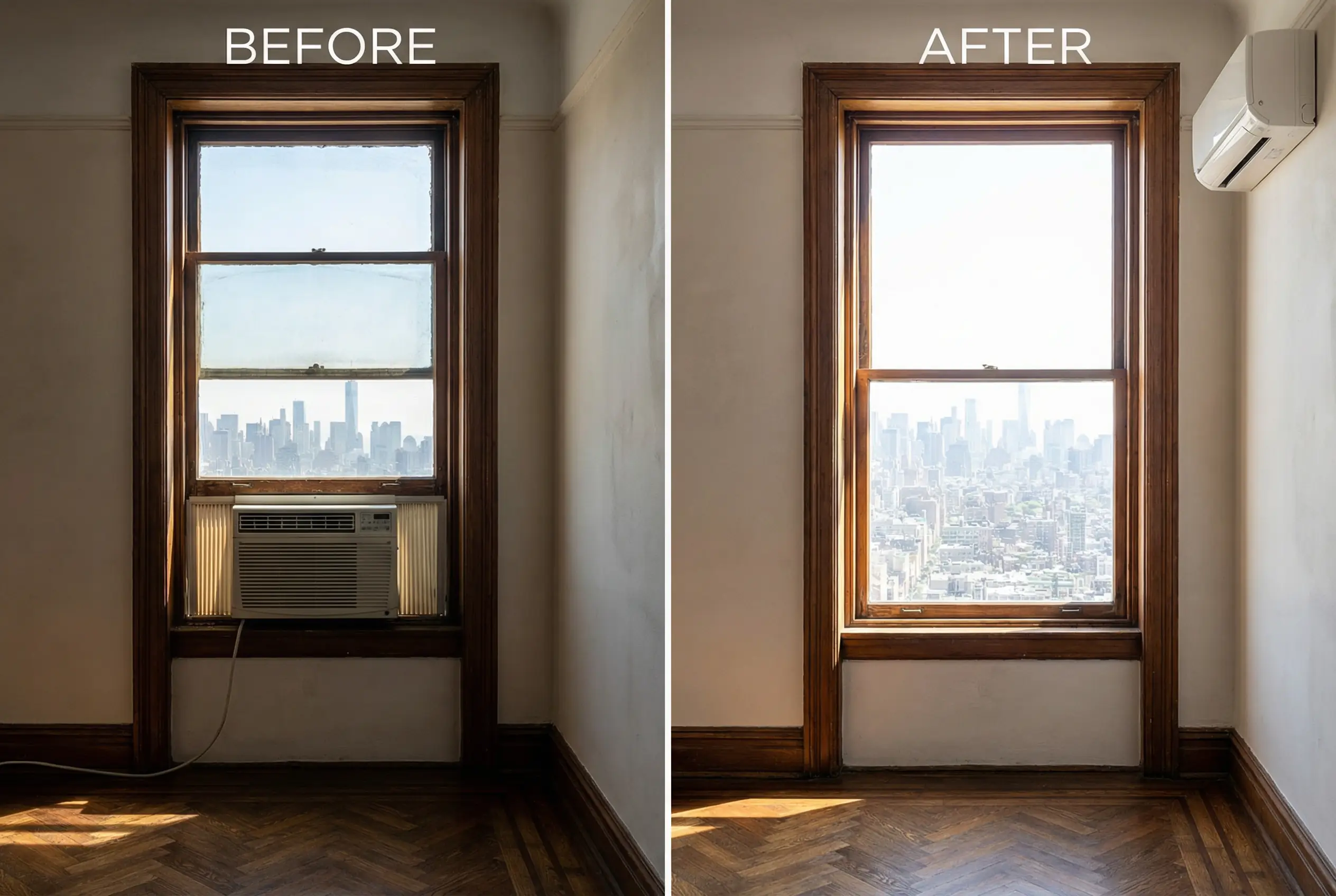 Before and after comparison showing window air conditioner removed and replaced with ductless mini-split system in pre-war Manhattan apartment