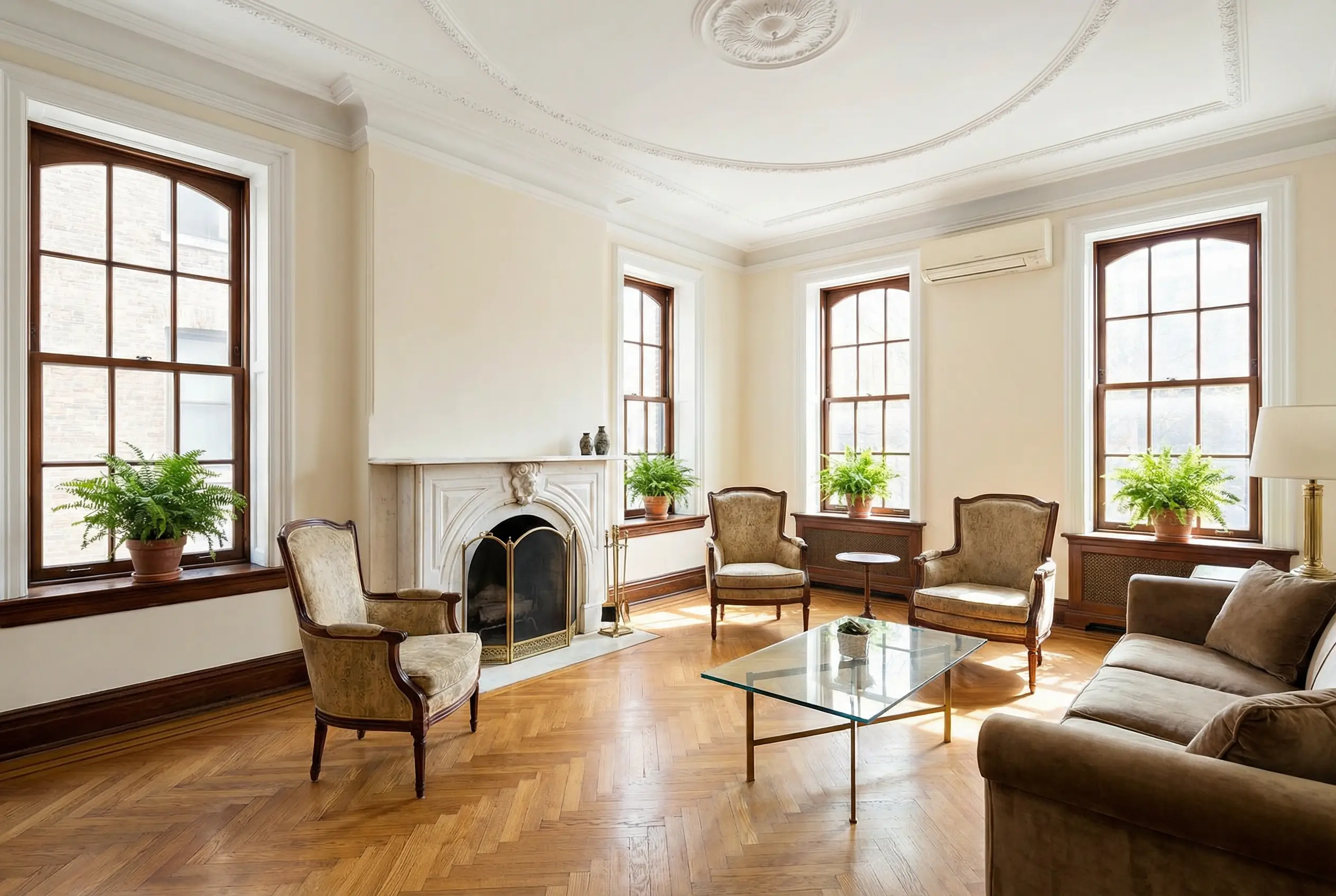 Beautifully restored pre-war Manhattan apartment interior with discreetly installed ductless HVAC system maintaining all historic architectural features