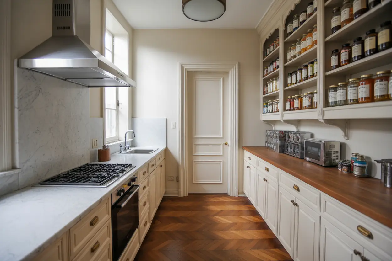Custom walnut walk-in pantry with floor-to-ceiling shelving, library ladder, and organized containers in Manhattan Upper West Side apartment