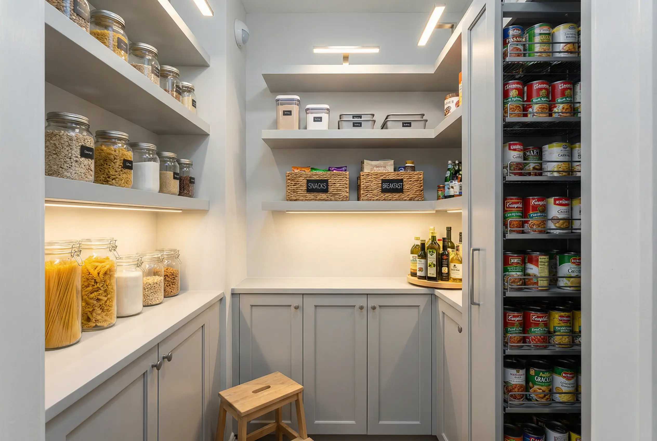 Compact walk-in pantry with custom shelving and pull-out systems in small Chelsea studio apartment Manhattan