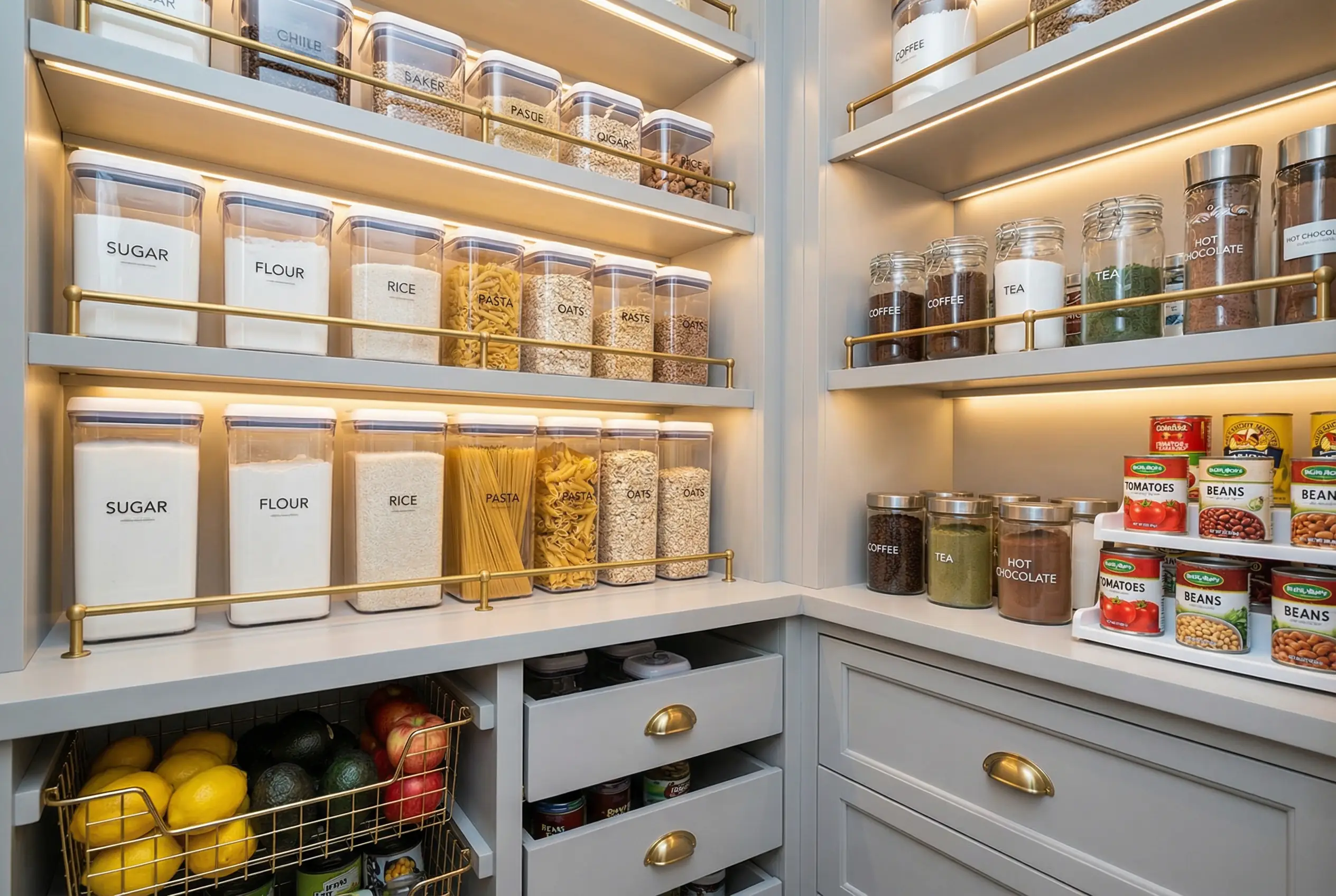Luxury organized pantry shelves with clear labeled containers and custom millwork in Manhattan apartment