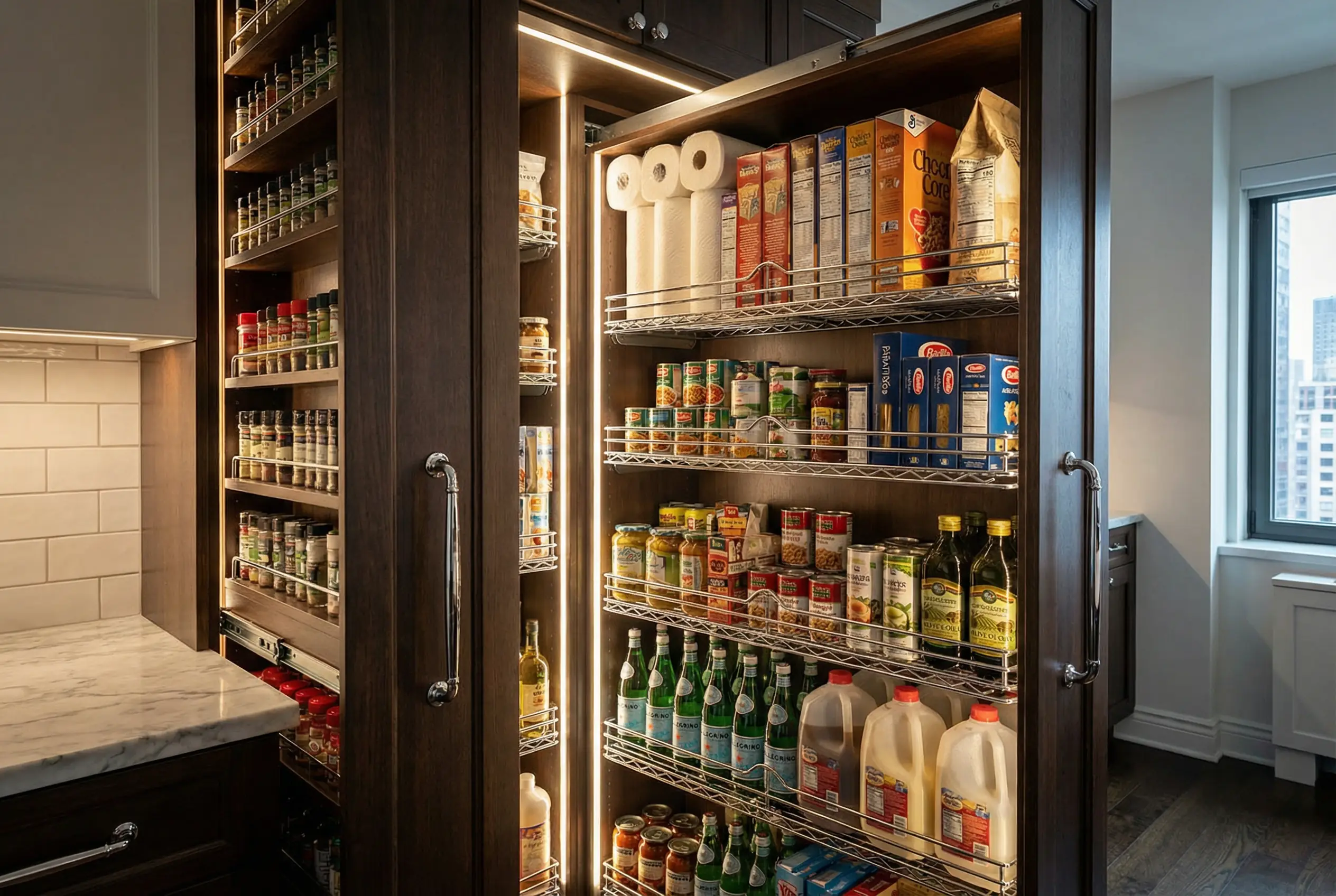 Custom floor-to-ceiling pull-out pantry system with chrome shelving in narrow Manhattan kitchen space