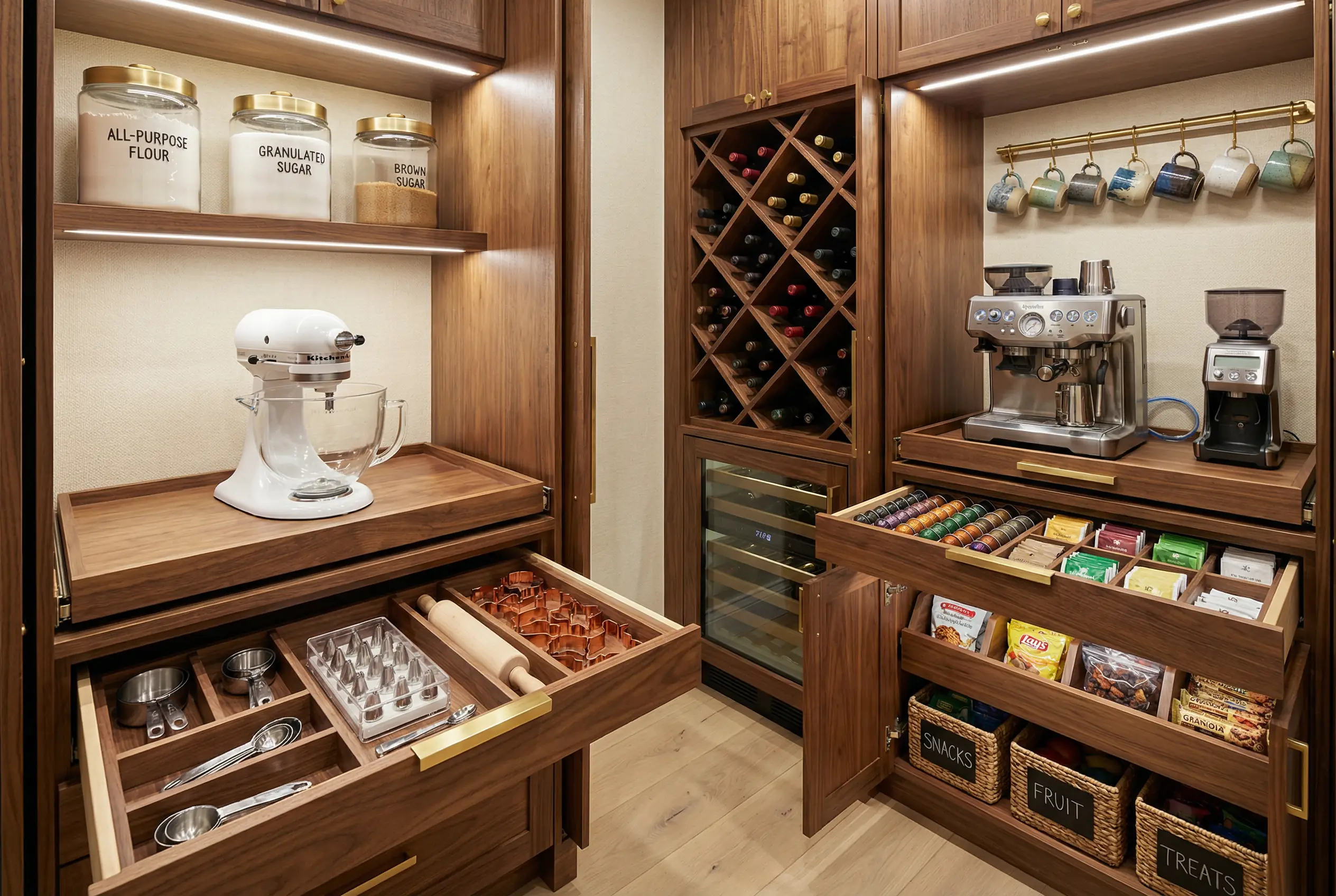 Custom Manhattan pantry with specialized zones for baking, wine storage, and coffee station with luxury millwork