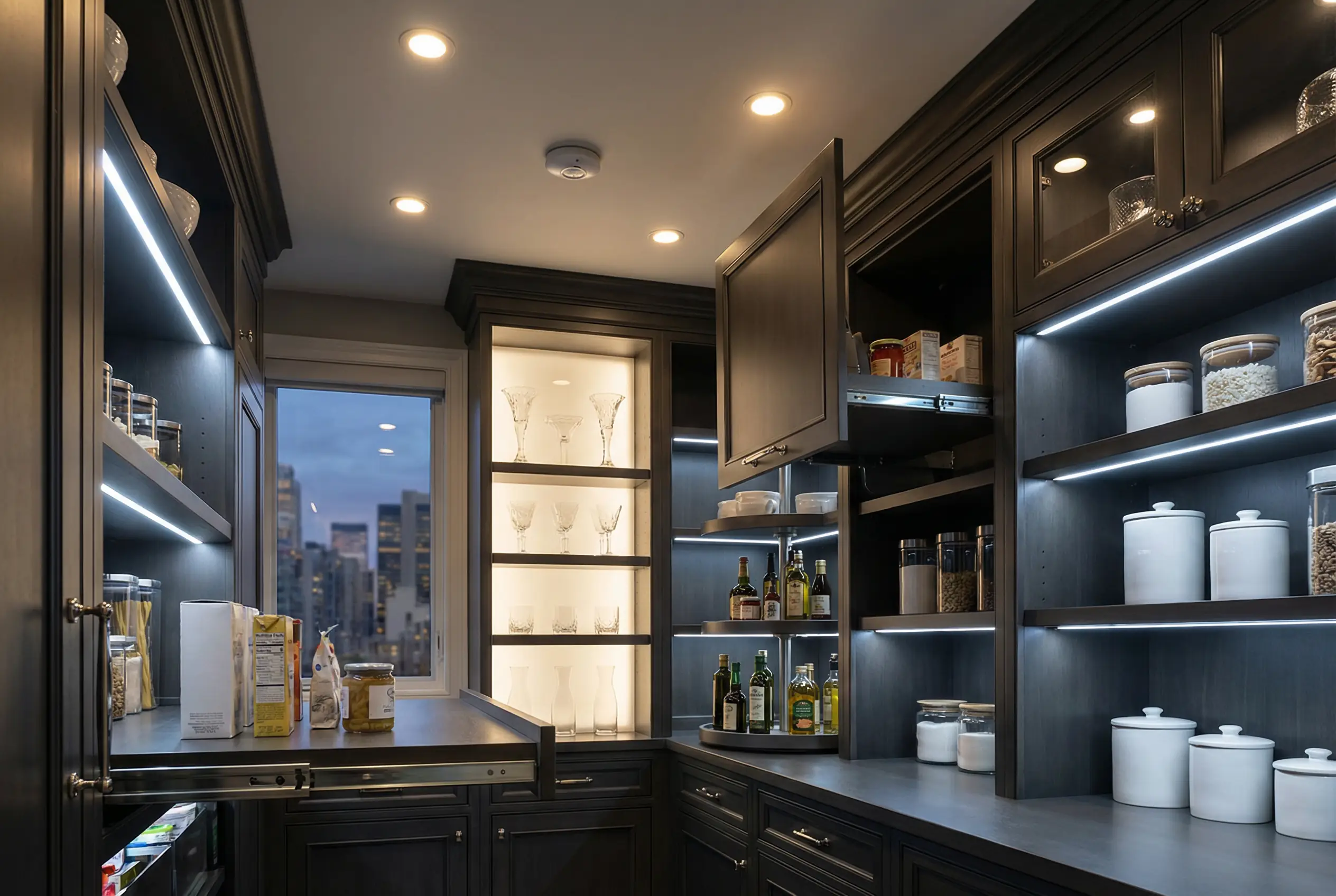Custom Manhattan walk-in pantry with LED lighting strips, motion sensors, and pull-out accessibility features