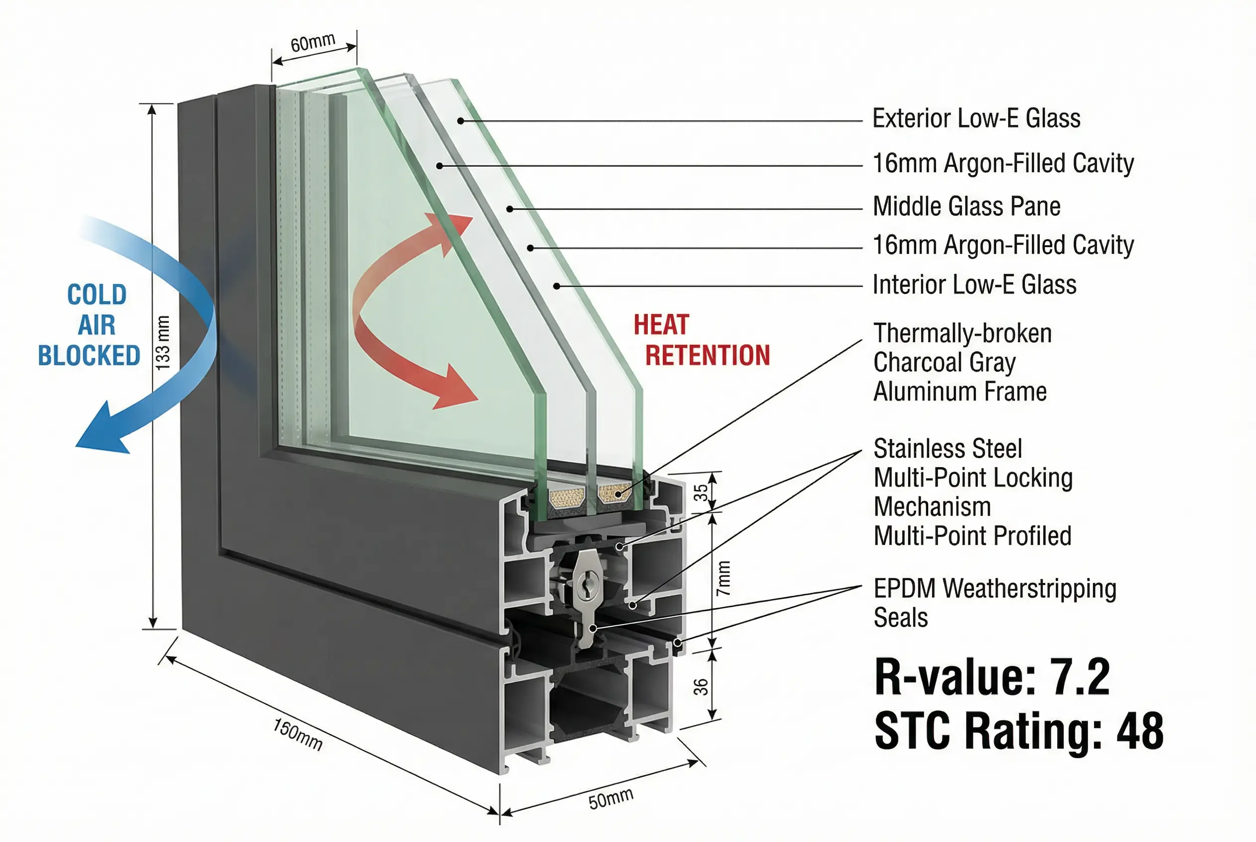 Cross-section diagram of triple-glazed window showing three glass panes, argon gas chambers, Low-E coatings, and thermal performance indicators