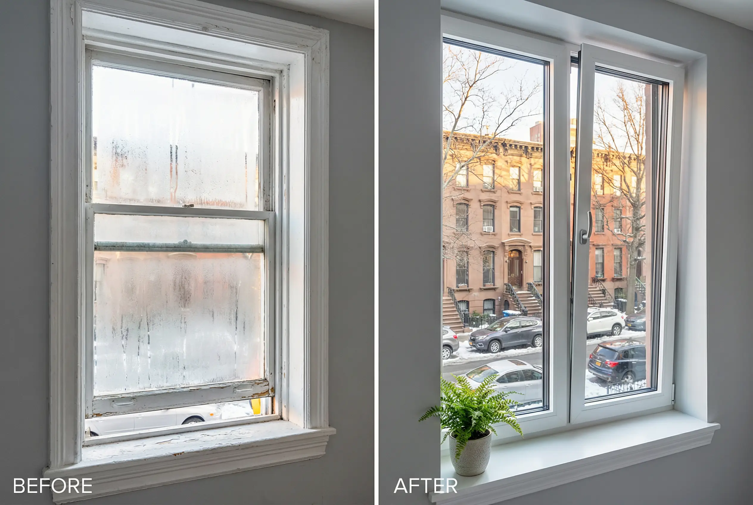 Before and after comparison of NYC apartment window upgrade from old single-pane to new triple-glazed European window showing improved clarity and no condensation