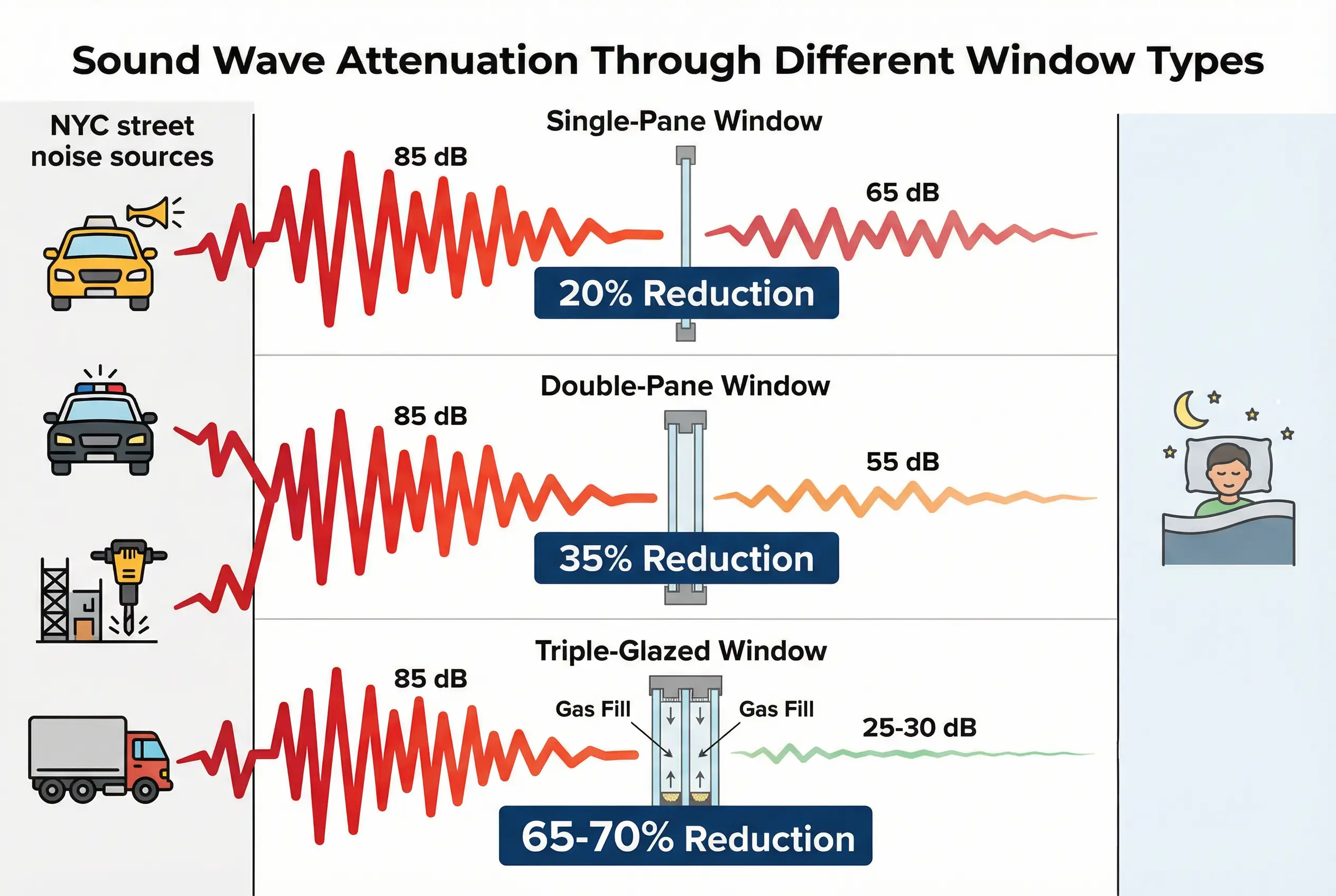 Sound reduction comparison infographic showing triple-glazed windows blocking more noise than single or double-pane windows with decibel measurements