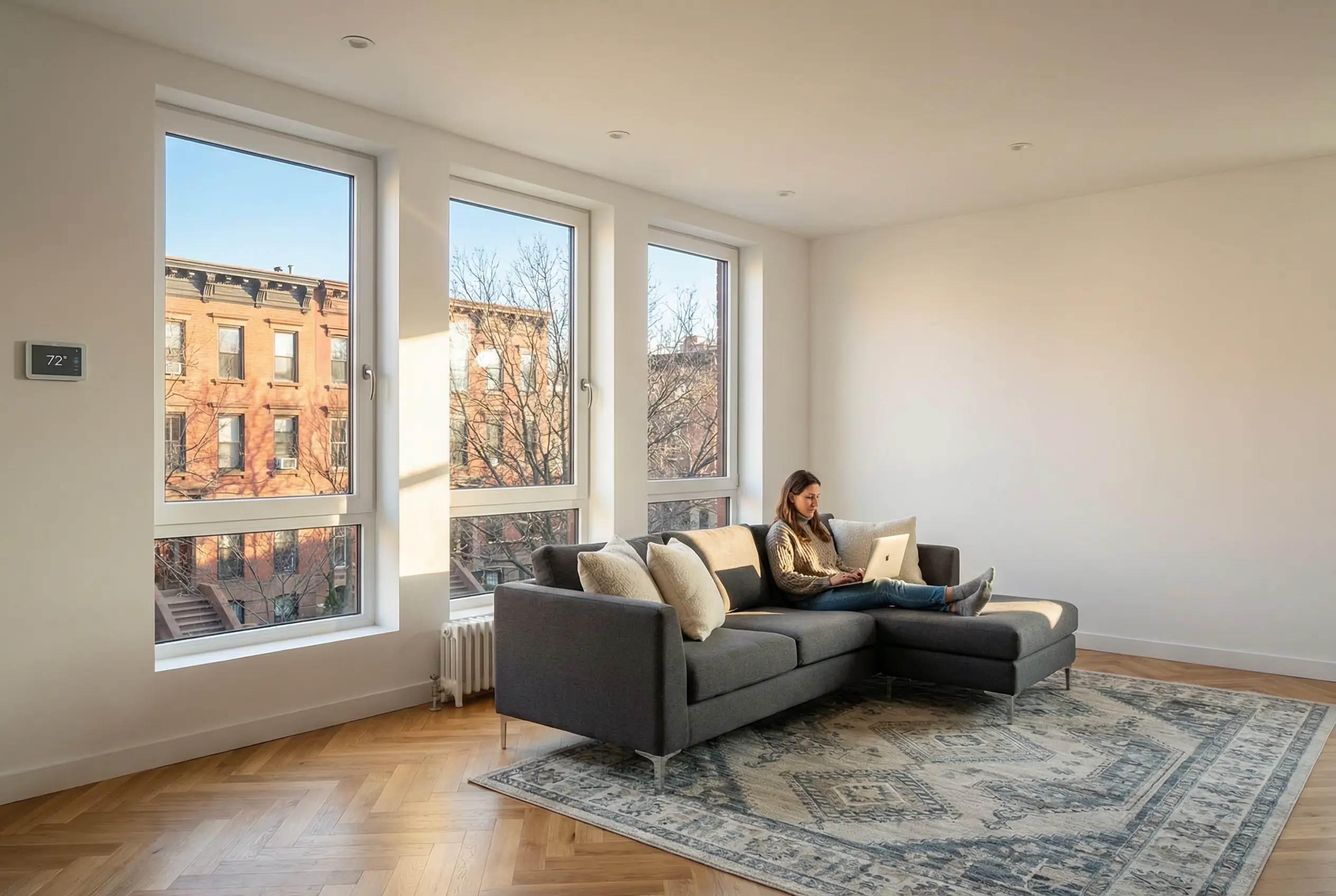 Manhattan apartment living room with new triple-glazed windows showing natural light, city views, and comfortable work-from-home environment