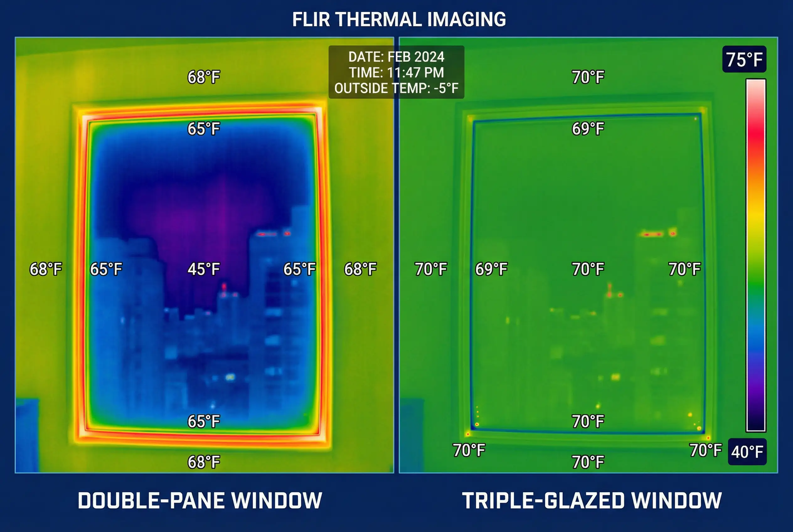 Thermal camera comparison showing heat loss through double-pane window versus superior insulation of triple-glazed window in NYC apartment