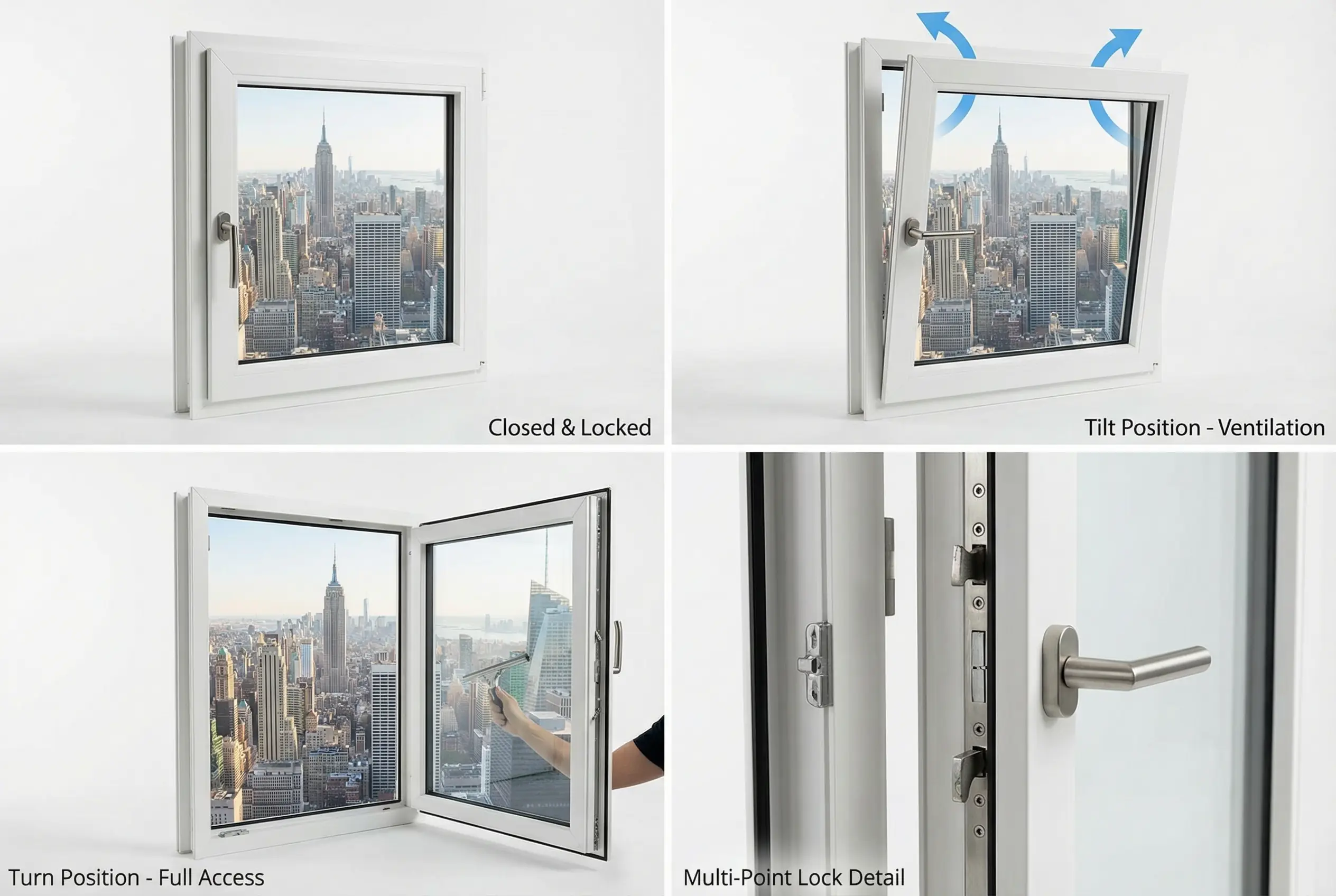 Four-panel demonstration of European tilt-turn window functionality showing closed, tilt, turn, and locking mechanism positions for NYC apartment use