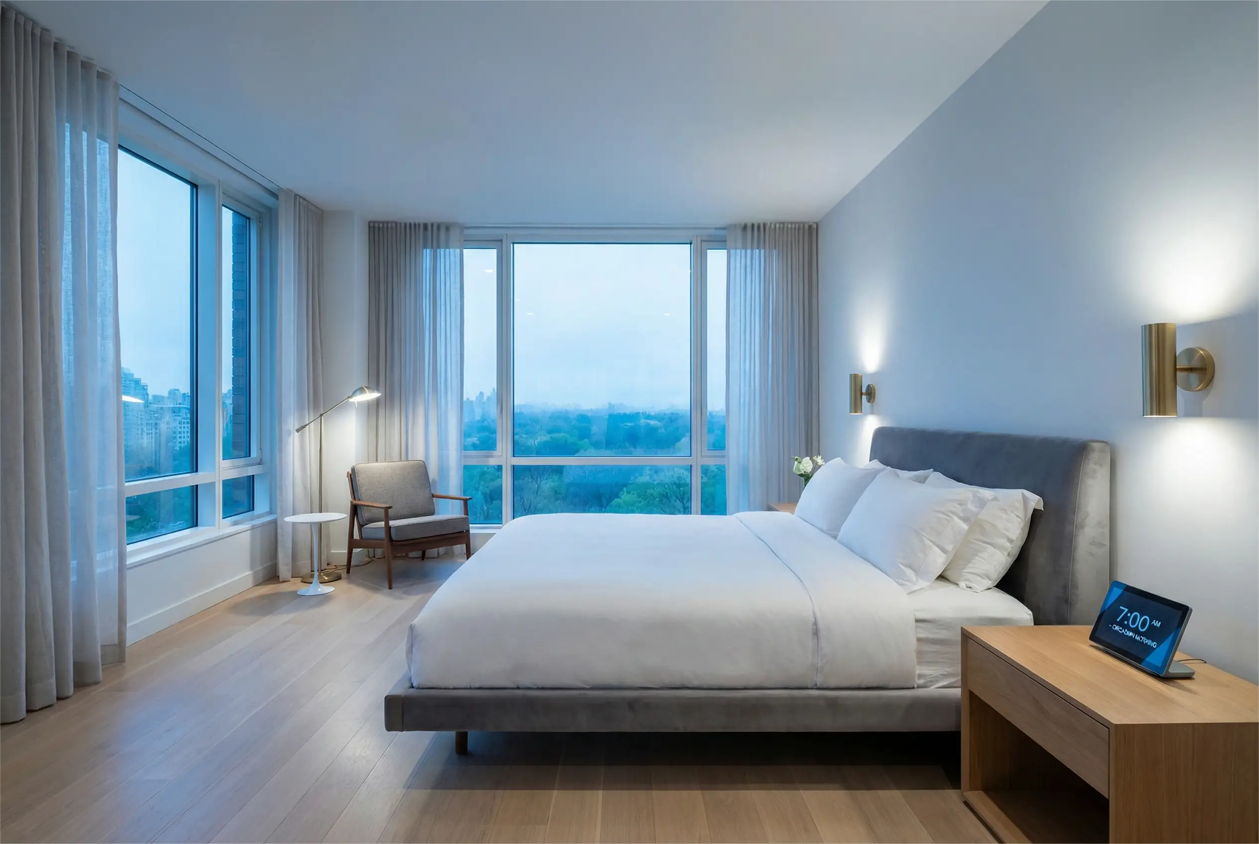 Manhattan luxury bedroom with automated circadian lighting system emitting bright morning light for sleep-wake cycle optimization