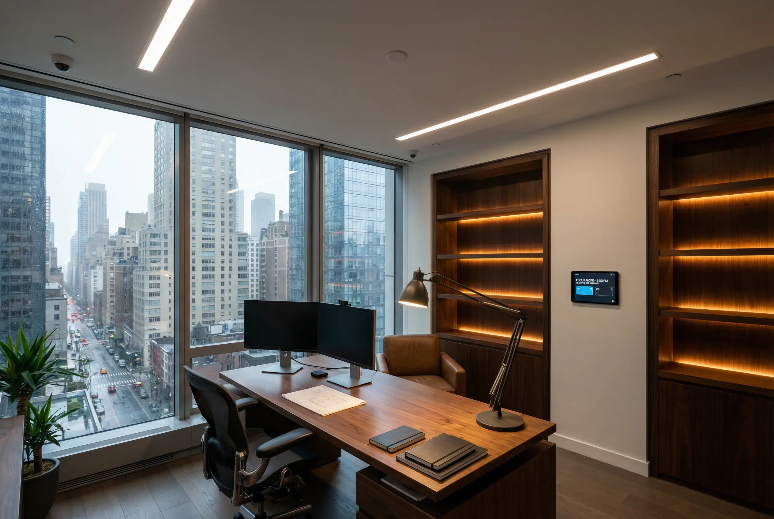 Manhattan home office with smart circadian lighting automation system providing optimal daytime illumination for productivity and focus