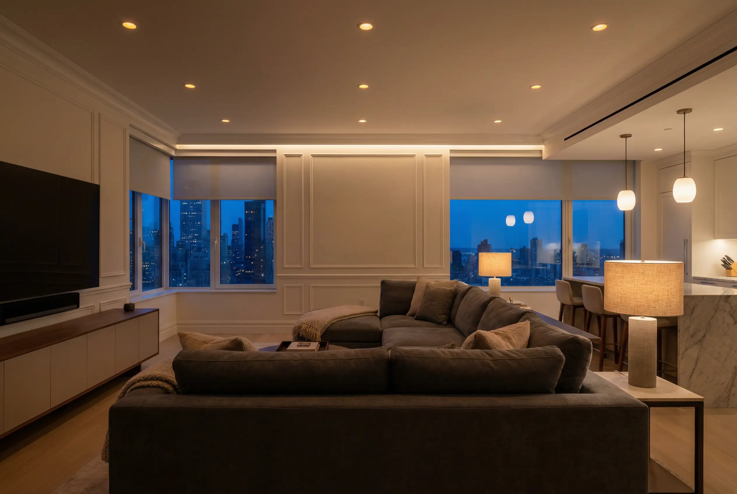 NYC apartment living room with circadian lighting system in evening mode showing warm amber tones for relaxation and sleep preparation