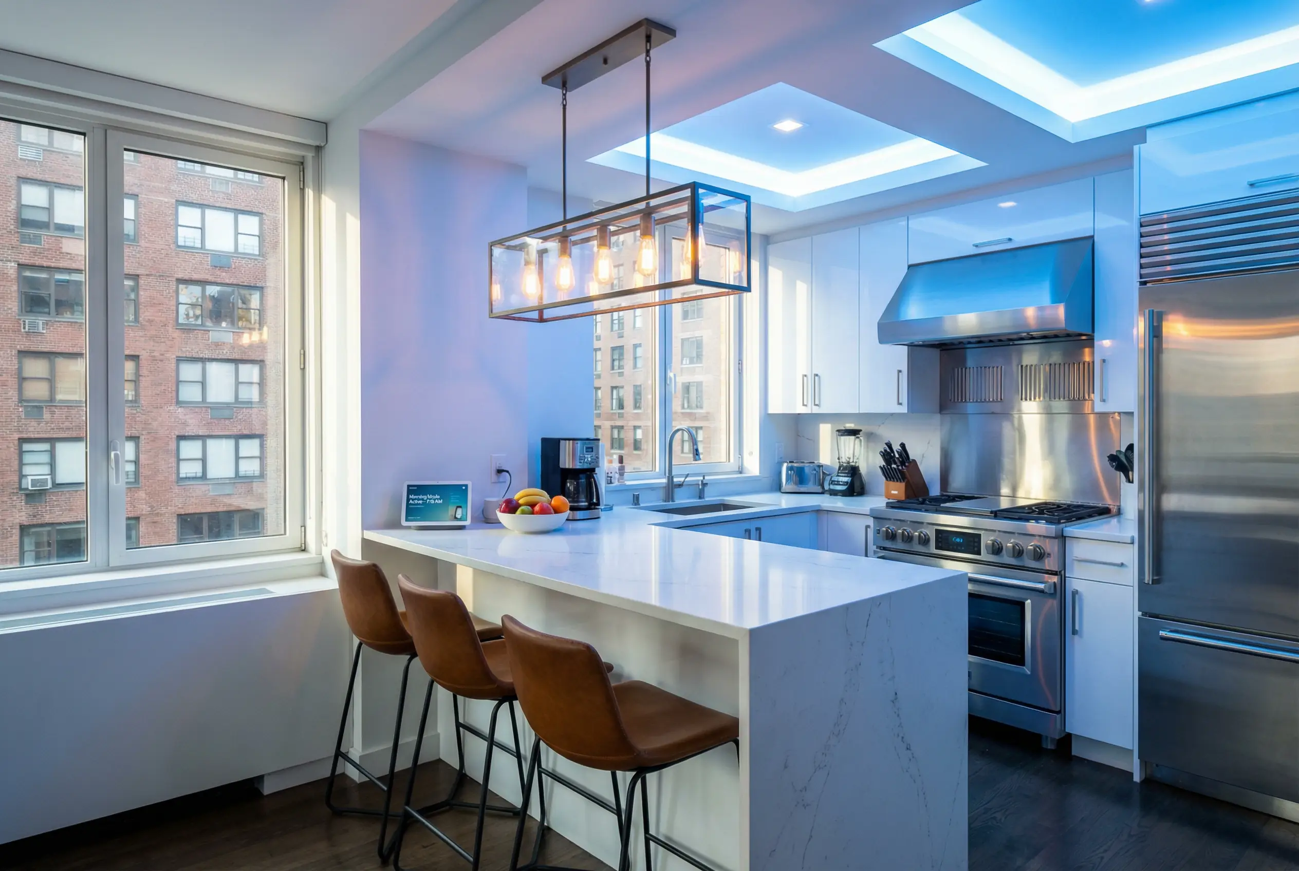 Manhattan luxury kitchen with automated circadian lighting system providing bright morning illumination for circadian rhythm optimization