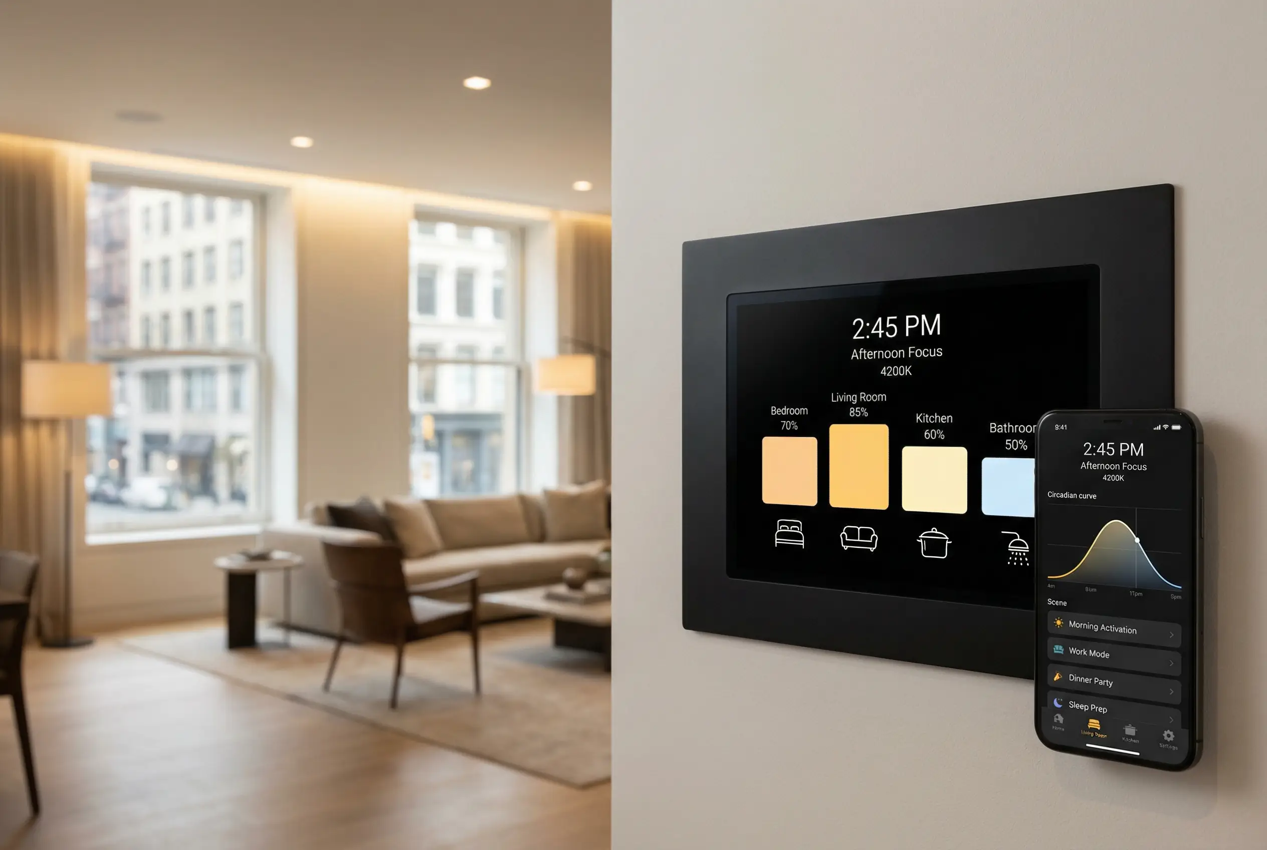 Smart home circadian lighting control panel and mobile app showing automated wellness lighting system interface for Manhattan apartments