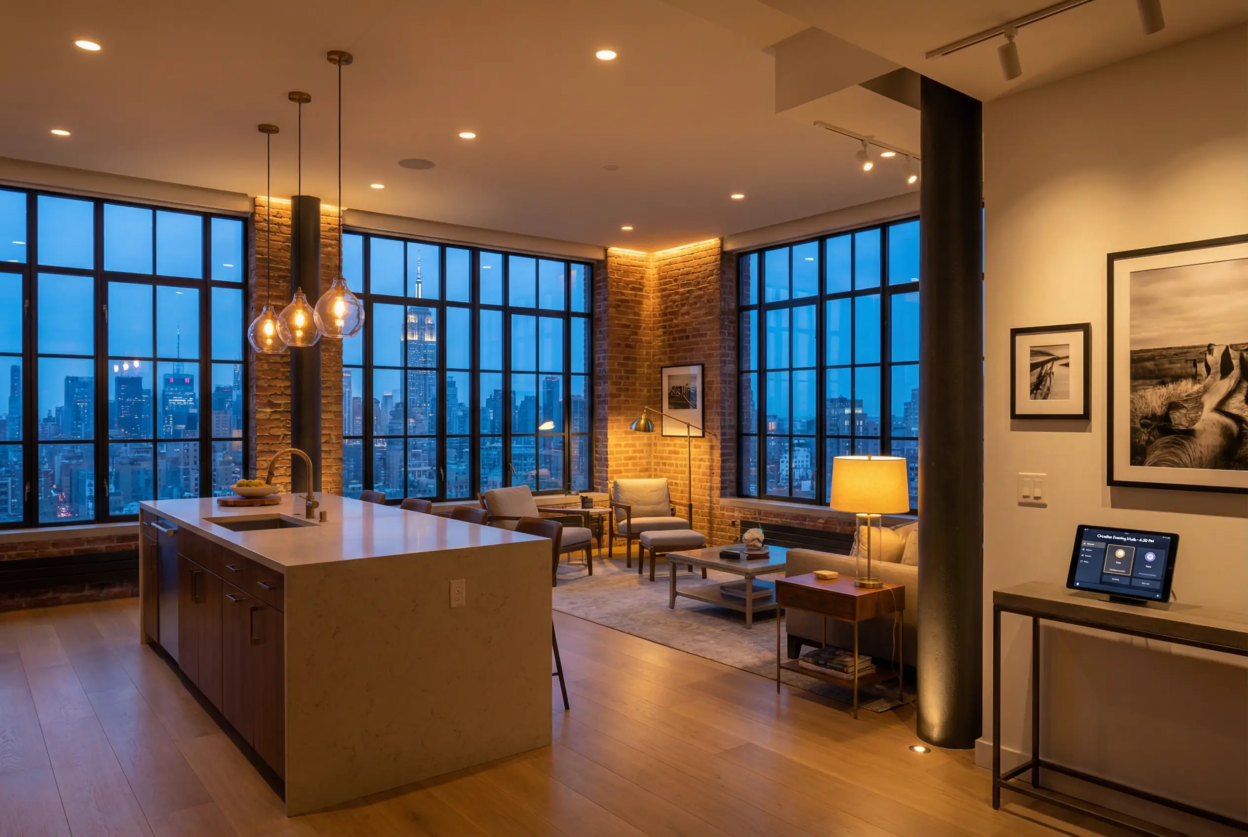 Manhattan loft apartment with layered circadian lighting design showing ambient task and accent lighting for optimal wellness and aesthetics