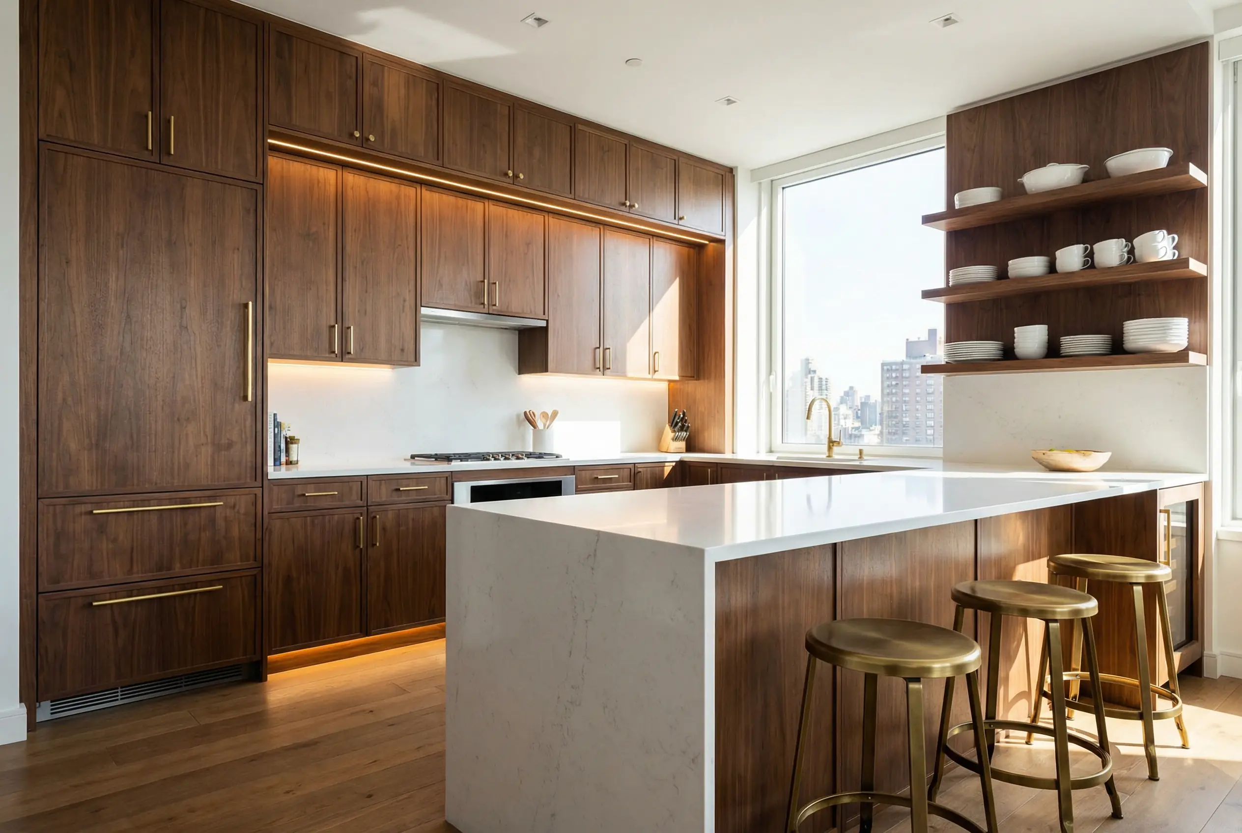 Dark walnut kitchen cabinets with under-cabinet lighting and white quartz countertops in Manhattan apartment