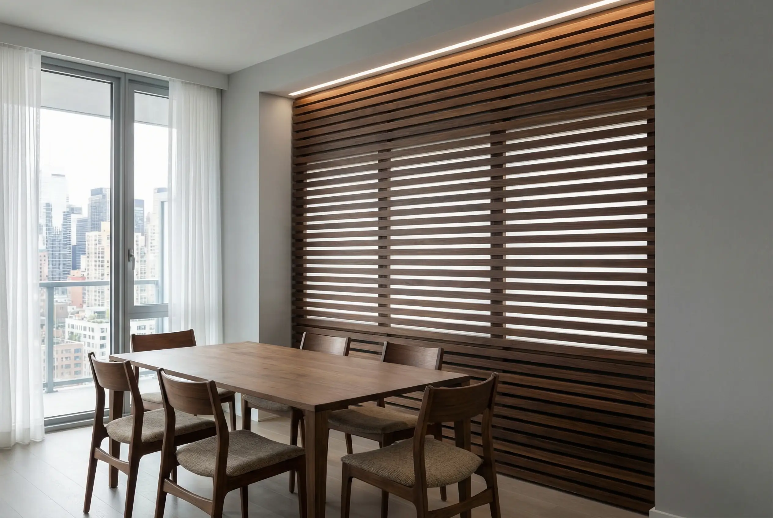 Dark walnut slat accent wall with backlighting in modern Manhattan dining room