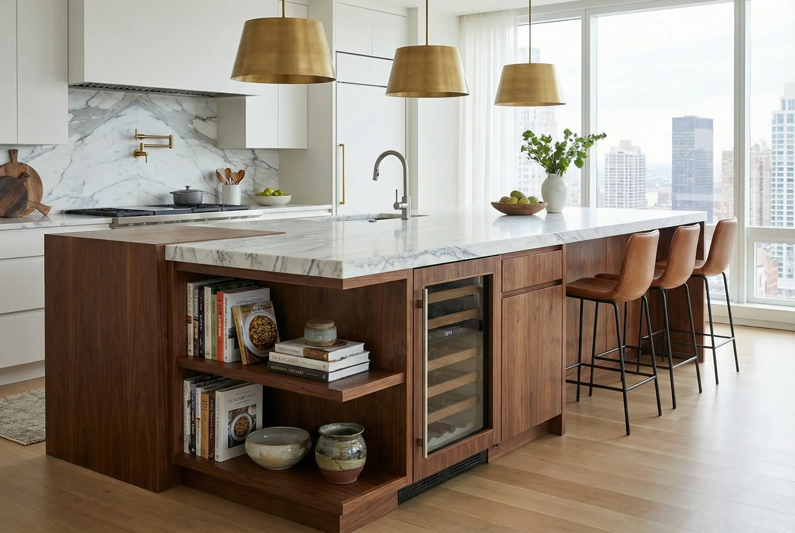 Walnut kitchen island with marble waterfall countertop and brass pendant lights in NYC apartment