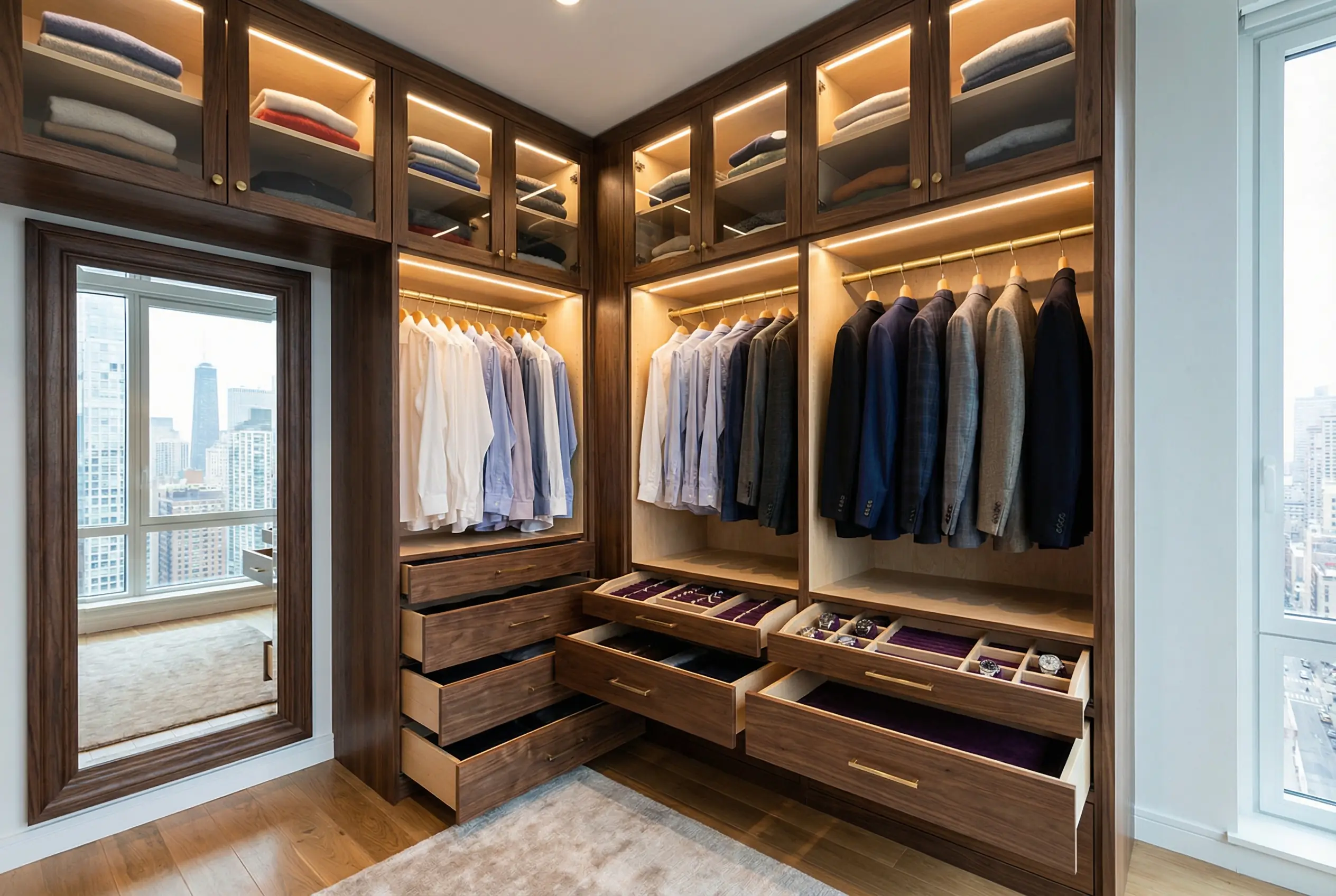 Dark walnut custom closet system with LED lighting and glass-front cabinets in Manhattan bedroom