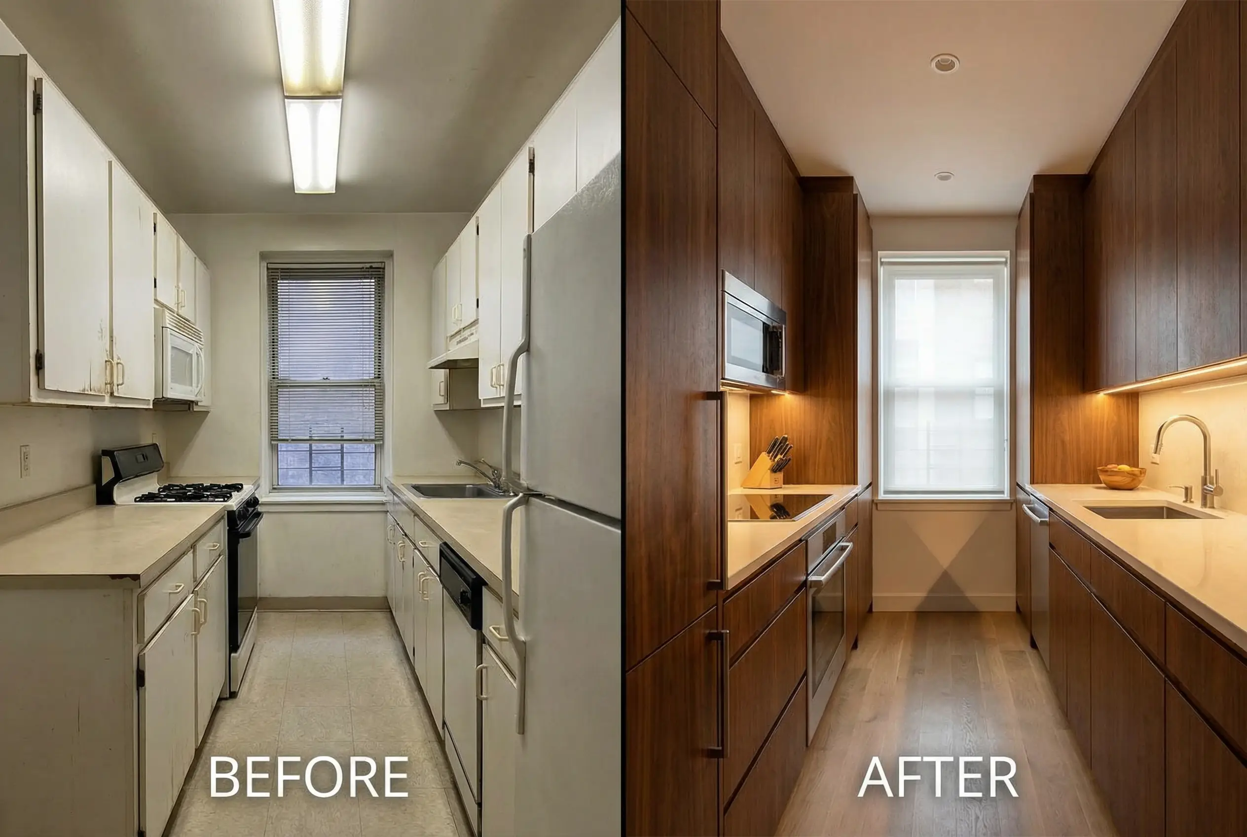 Before and after comparison of Manhattan kitchen renovation from white laminate to dark walnut cabinets